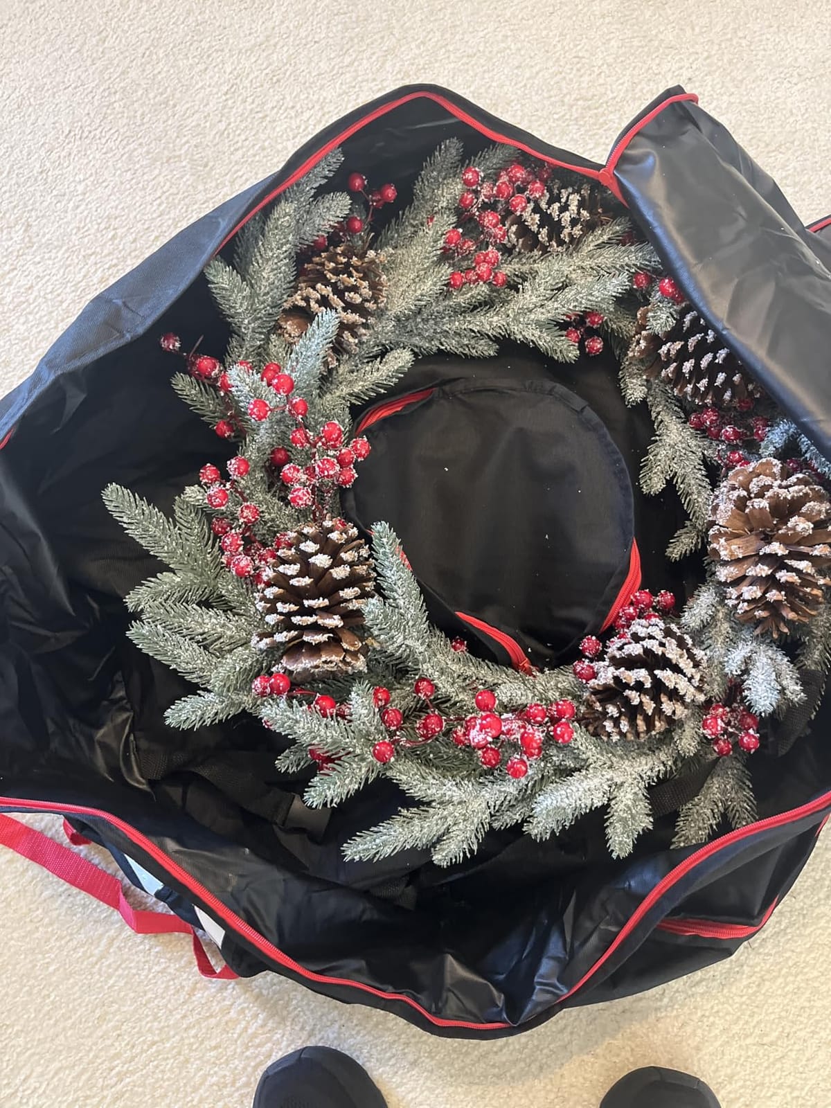 ZOBER Christmas Wreath Storage Container 36 Inch - Wreath Bag Fits 2 Wreaths Box - 600D Oxford Fabric - Interior Compartment for Storing Garlands, Wreaths Storage Bag W Strong Durable Handles - Red customer photo 1