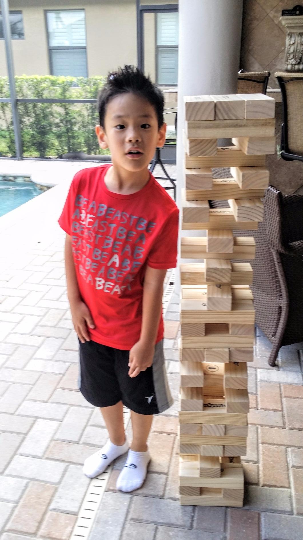 GoSports Giant Wooden Stacking Game - Stacks Up to 5 ft - Choose Brown Wood Stain, Gray, Natural, Stars & Stripes, or Tropical Hardwood - Toppling Tower customer photo 2