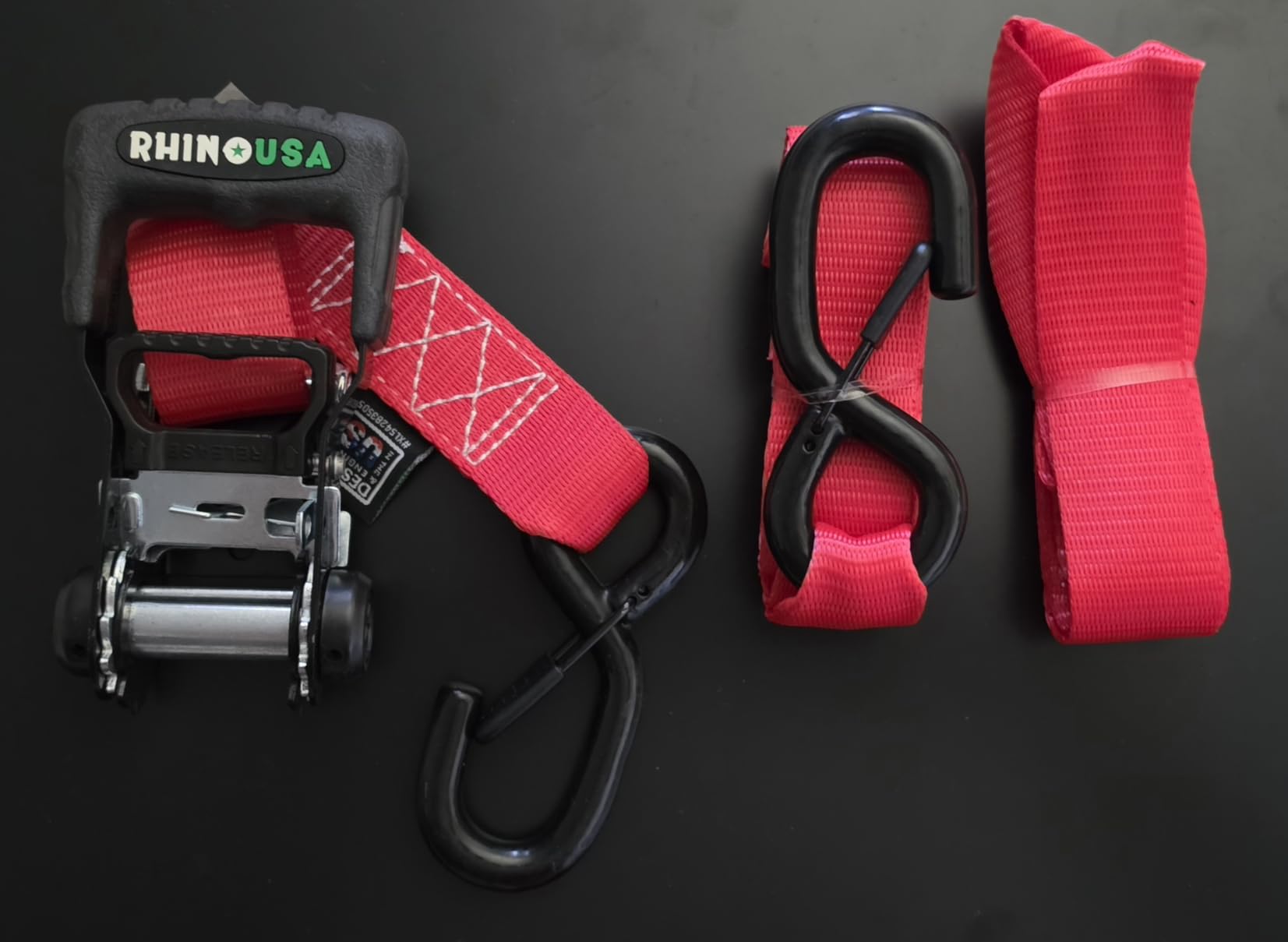 Rhino USA Heavy Duty Ratchet Tie Downs (4-Pack) - 1.6in x 8ft, 5,000lb | 5,000lb Break Strength. Manual Ratchet w/ Safety S Hooks & Soft Loops. For Trucks, ATV, UTV, Motorcycle & Cargo. Gray customer photo 1
