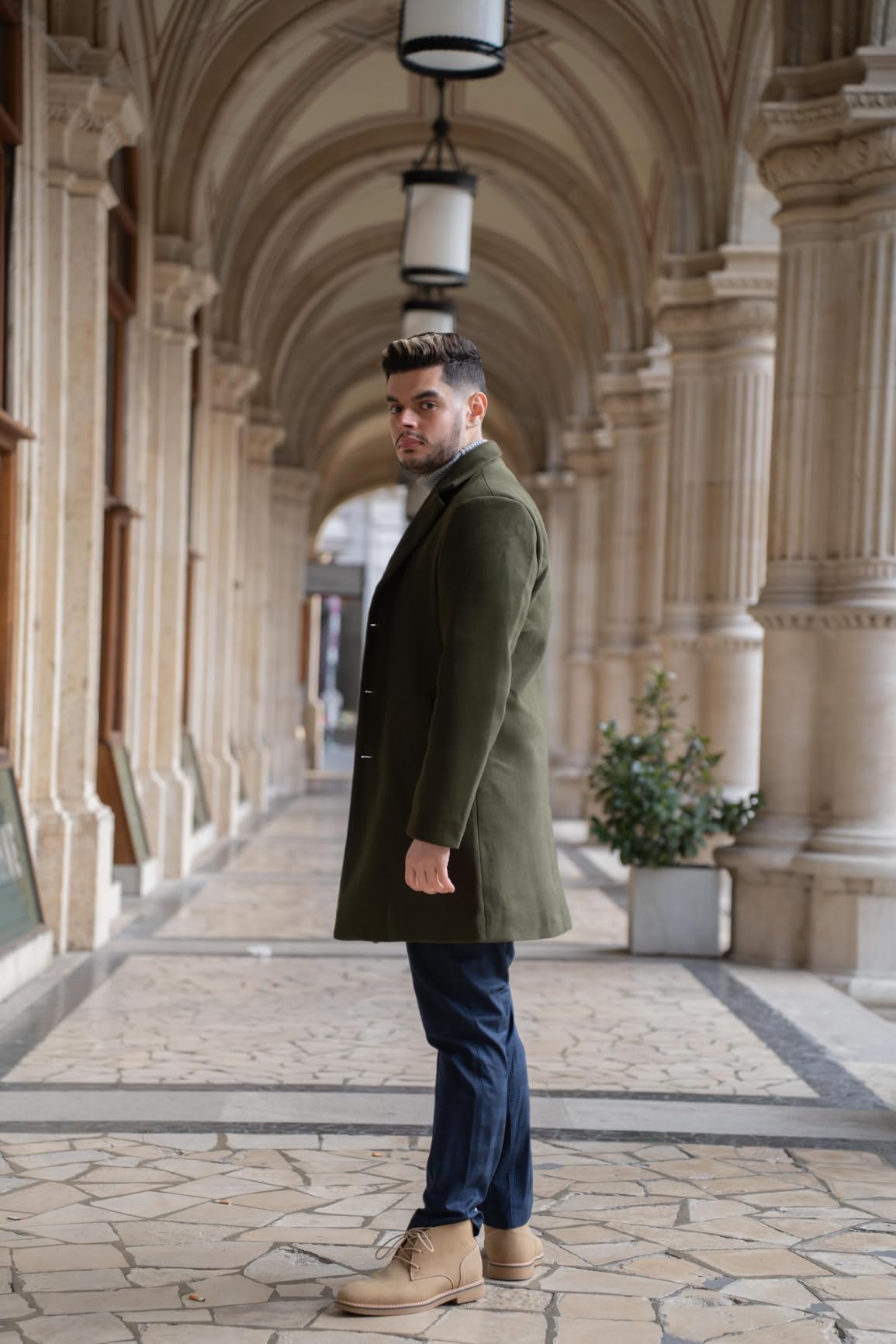 PASLTER Mens Trench Coat Slim Fit Mid Length Pea Coat Winter Overcoat customer photo 2