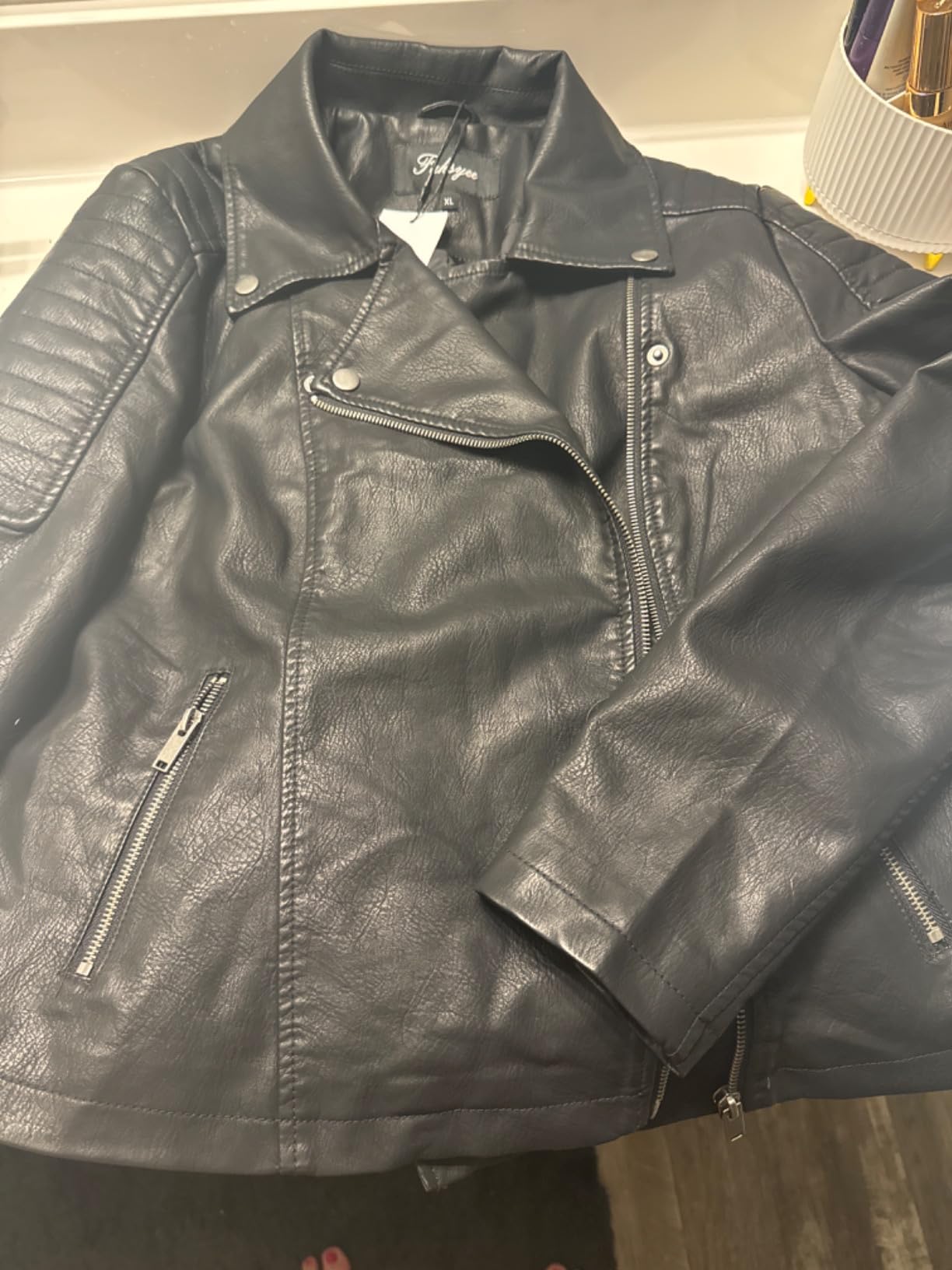 Fahsyee Faux Leather Jacket for Women, Vegan Jackets Moto Biker Motocycle Coat customer photo 1