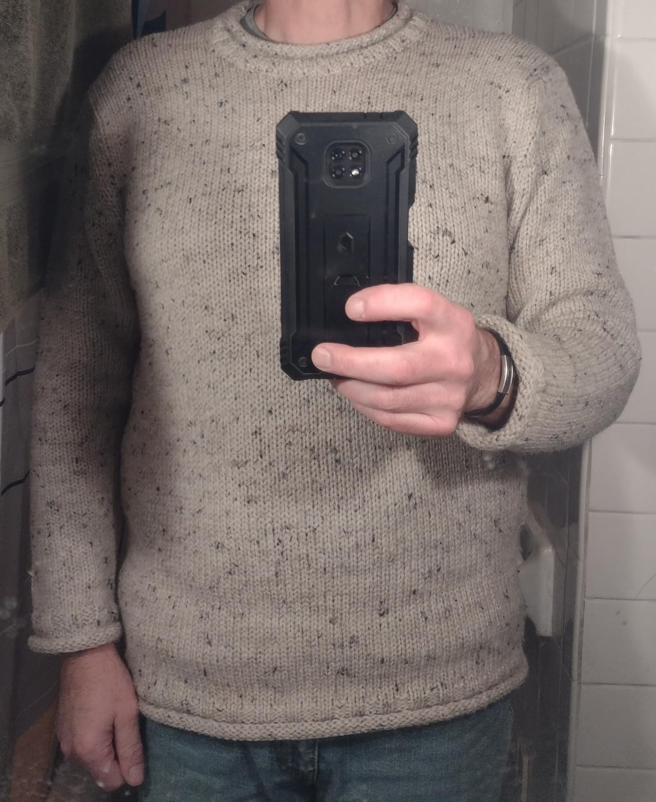Aran Crafts Irish Men's Plain Knit Curl Neck Wool Sweater (CR5142) customer photo 1