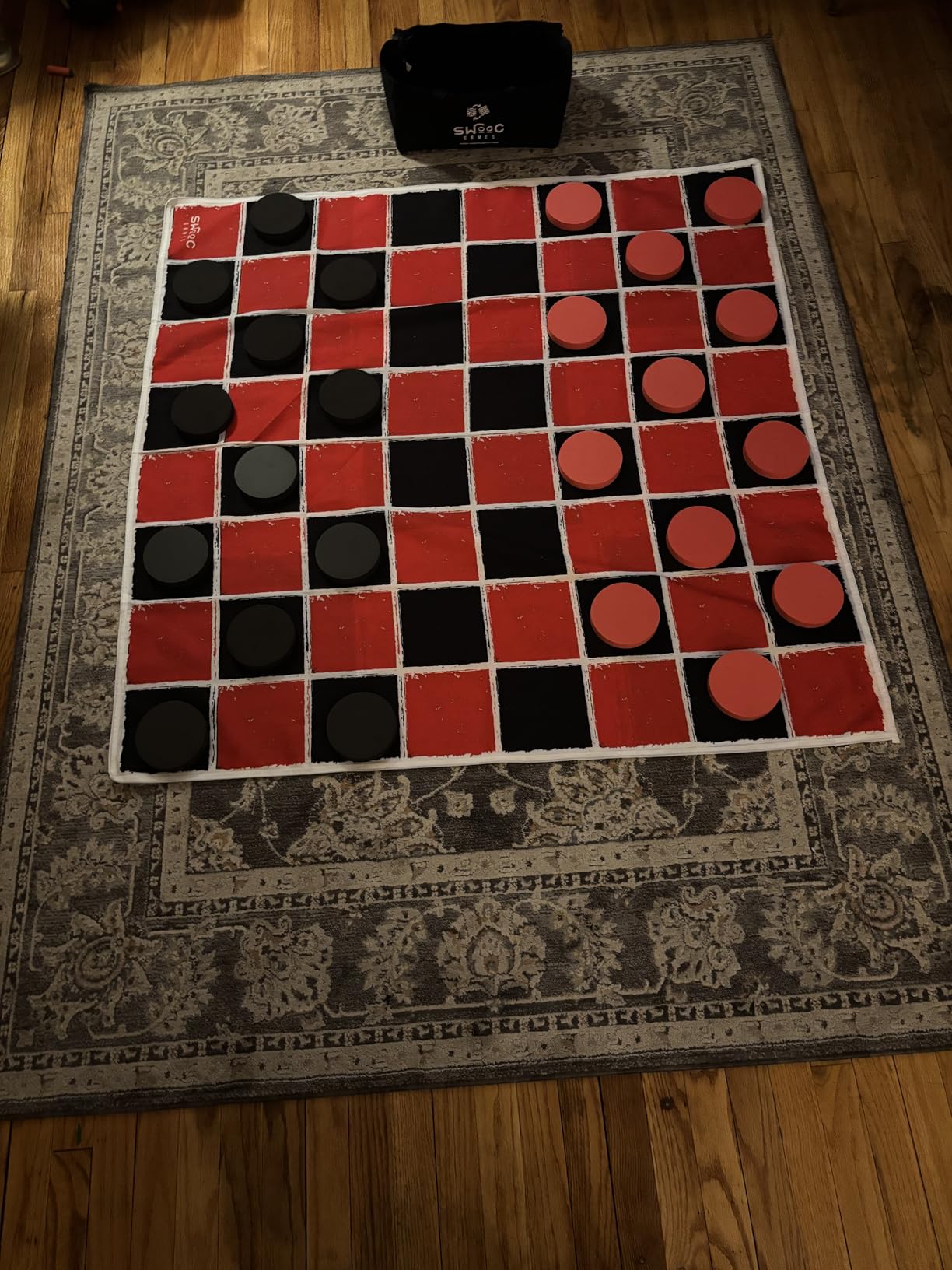 Swooc Games® - 2-in-1 Vintage Giant Checkers & Tic Tac Toe Game W/Mat (4ft x 4ft) - 100% Machine-Washable Canvas - Giant Outdoor Games for Kids - Yard Game for Kids - Jumbo Lawn Set - Large Checkers customer photo 1
