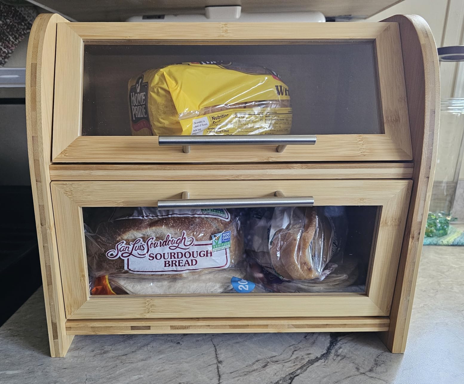 Arise Bamboo Wooden Bread Box for Kitchen Countertop, Extra Large 2-Shelf | Bread Storage Container with Clear Windows & Air Vents, Bread Bin & Keeper, Keeps Bagels, Rolls & Buns Fresh, Self Assembly customer photo 2