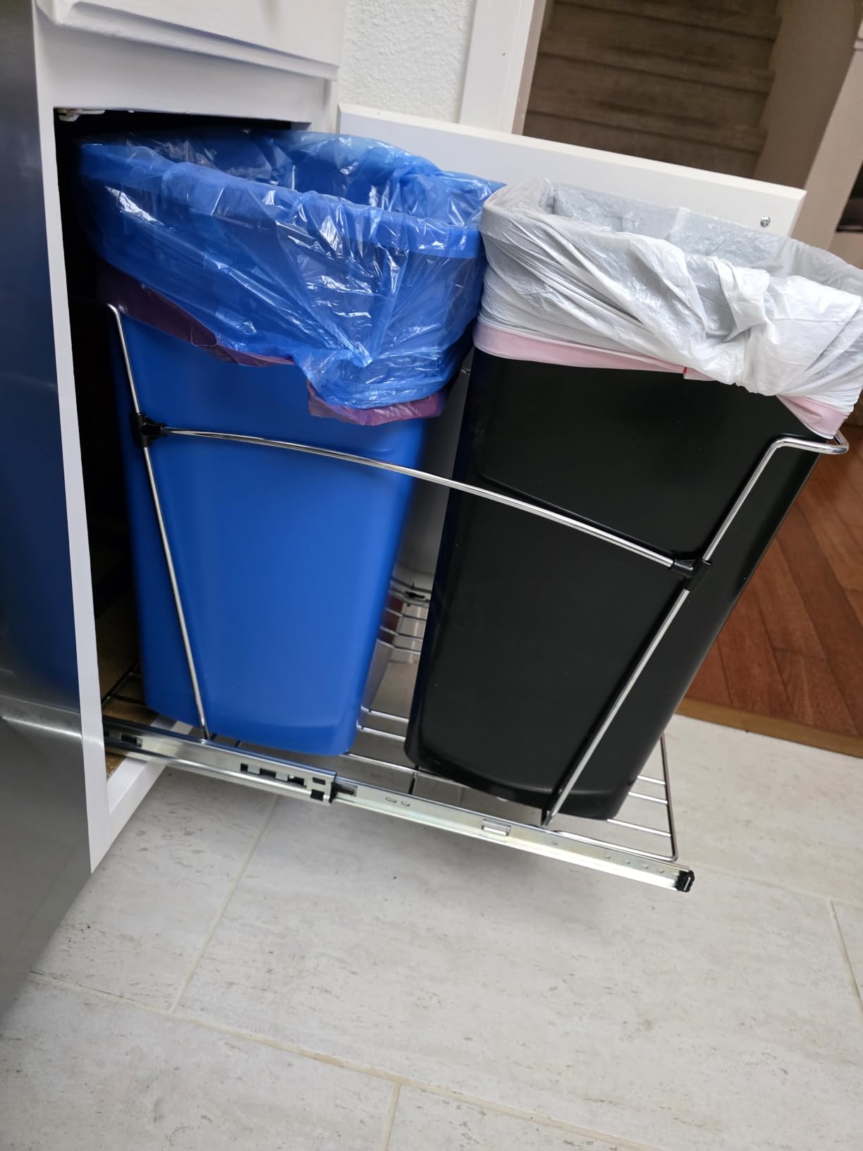 Rev-A-Shelf RV-18KD-13C-S Double Pullout Trash Can for Kitchen Cabinets 35 Quart Garbage Recycling Bin on Full Extension Slides, Gray customer photo 1
