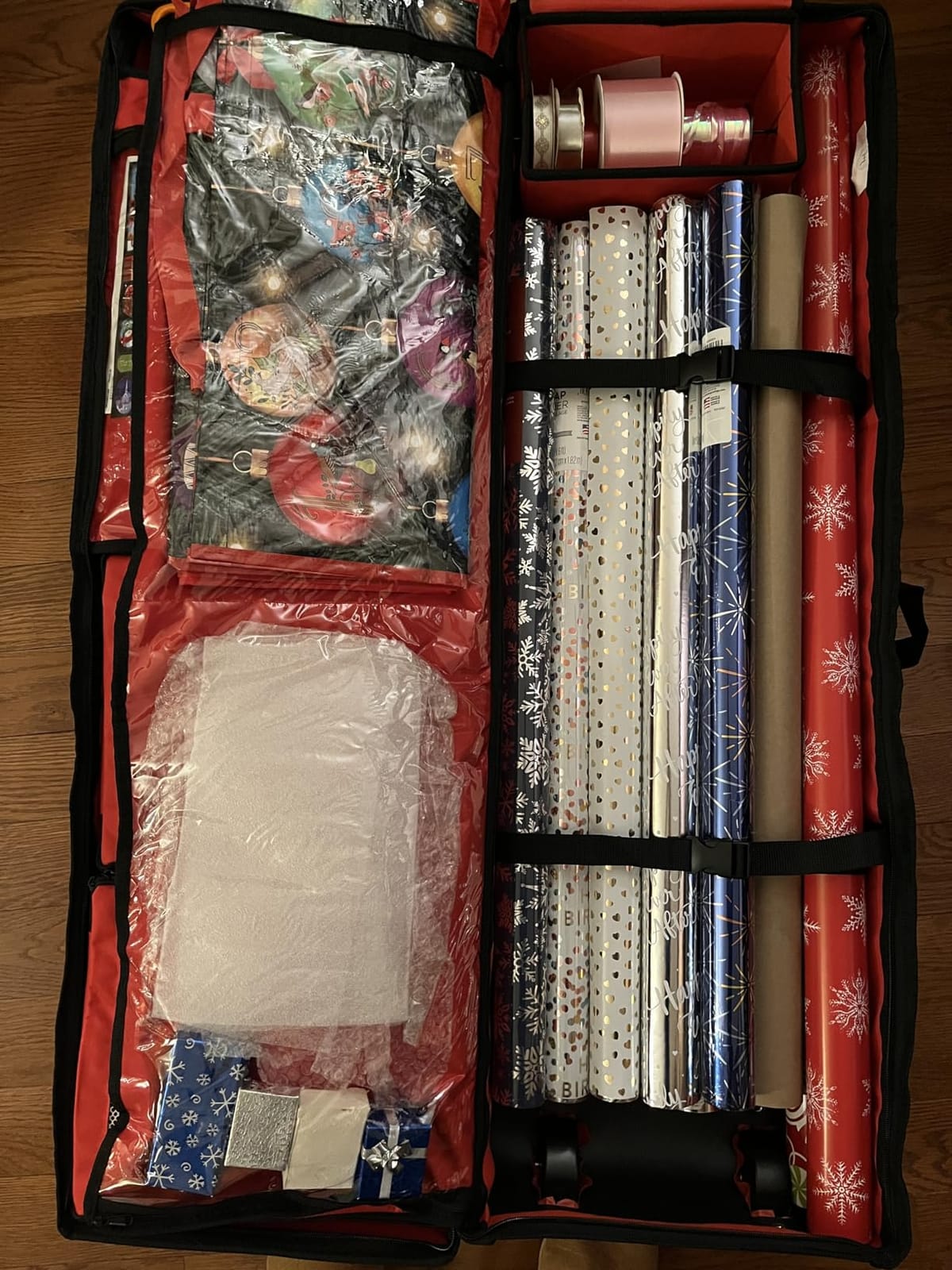 Hearth & Harbor Wrapping Paper Storage Container with Ribbon Dispenser and Interior Pockets - Large Christmas Storage Containers with Wheels, Fits 30 Rolls of 40