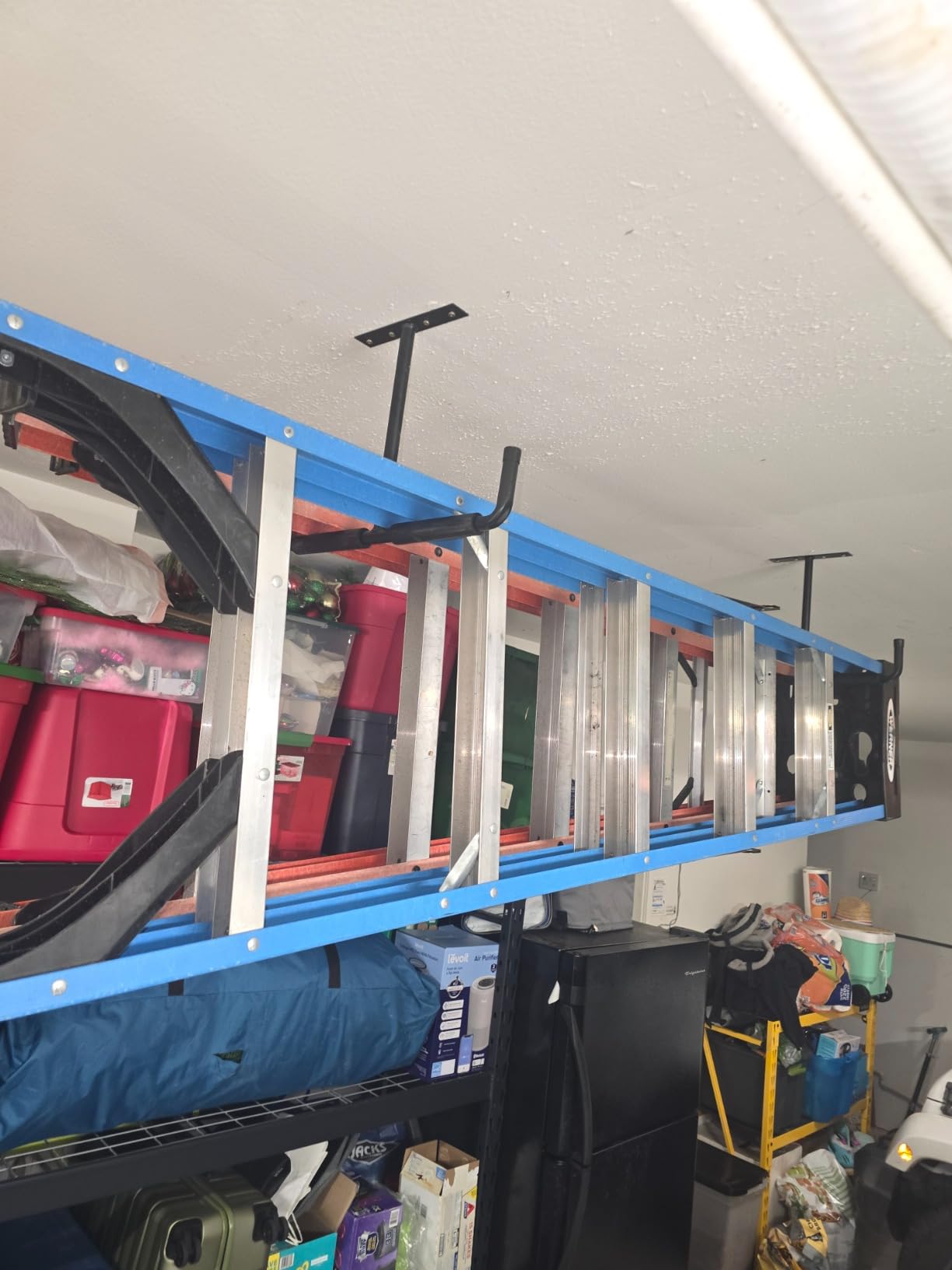 Overhead Garage Storage Hooks, Heavy Duty Ceiling Mount Rack, 4 Pack Black | Heavy duty ceiling mount structure, overhead garage storage, holds lumber, bikes, various tools, free up garage floor space customer photo 2