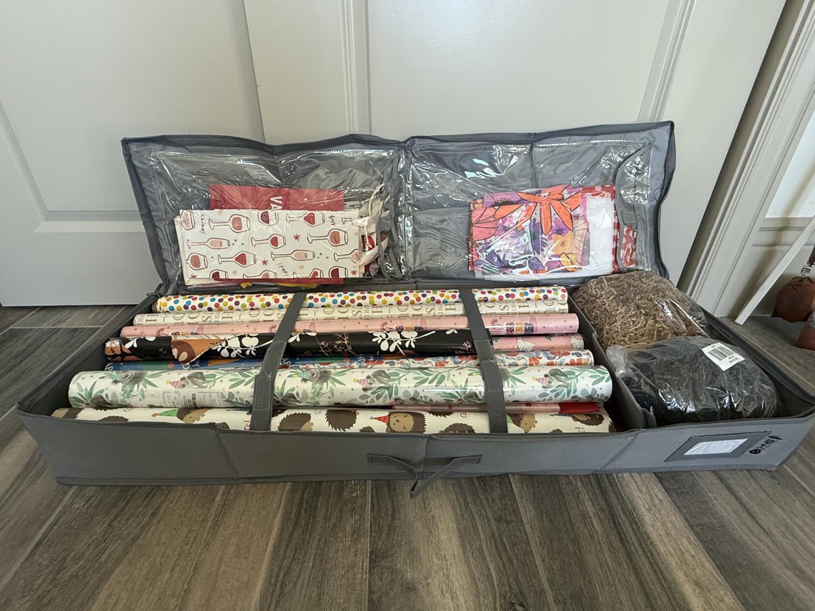HOLDN' STORAGE Premium Wrapping Paper Storage Container, Grey | Durable 600D Tear-Proof, Fits 27 Rolls Gift Wrap, Extra Pockets for Ribbons & Bows, Underbed Storage customer photo 1