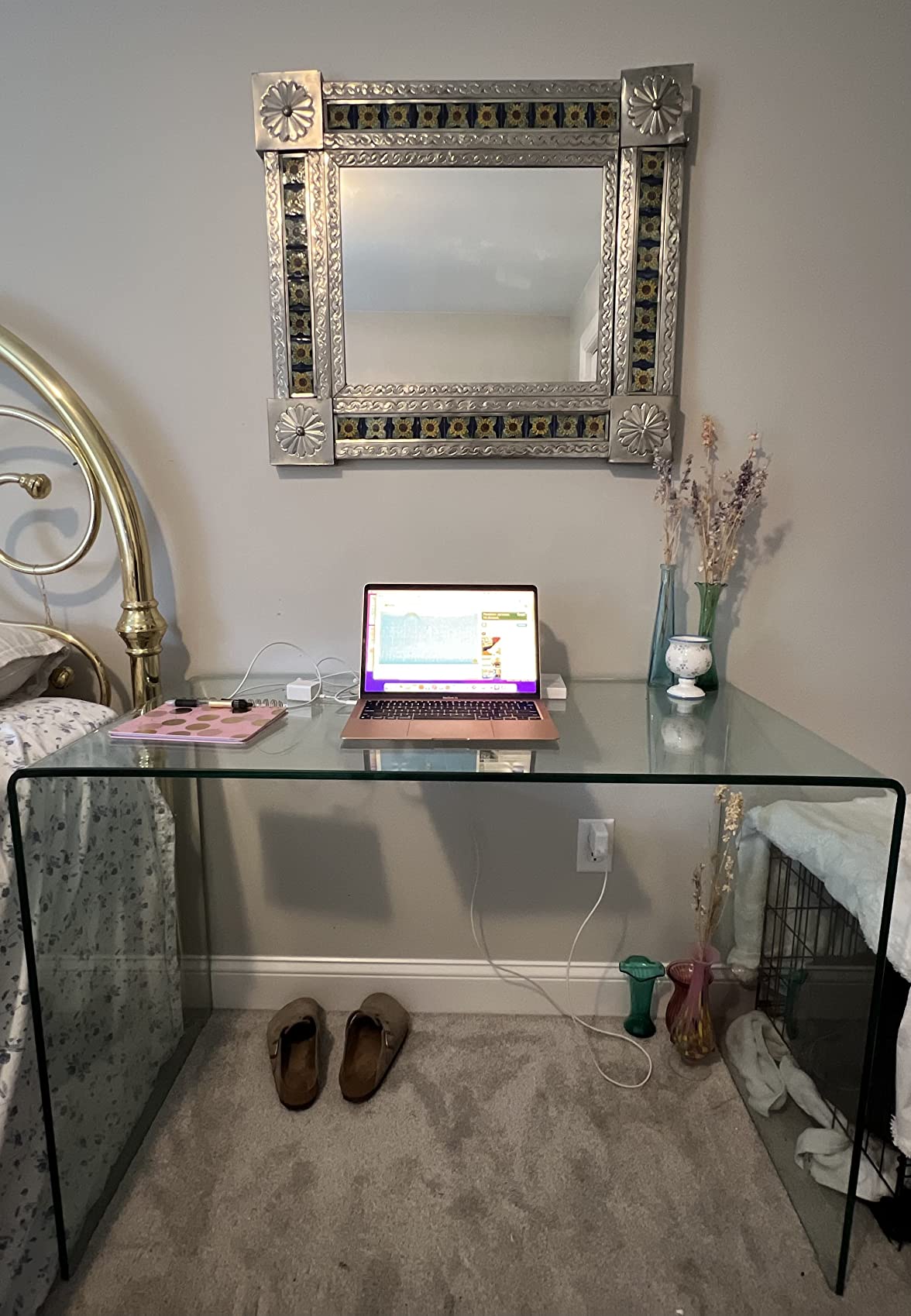Neos Modern Furniture Bent Glass Computer Desk, Rectangular Shaped PC Laptop Workstation Table for Home Office, Clear customer photo 1