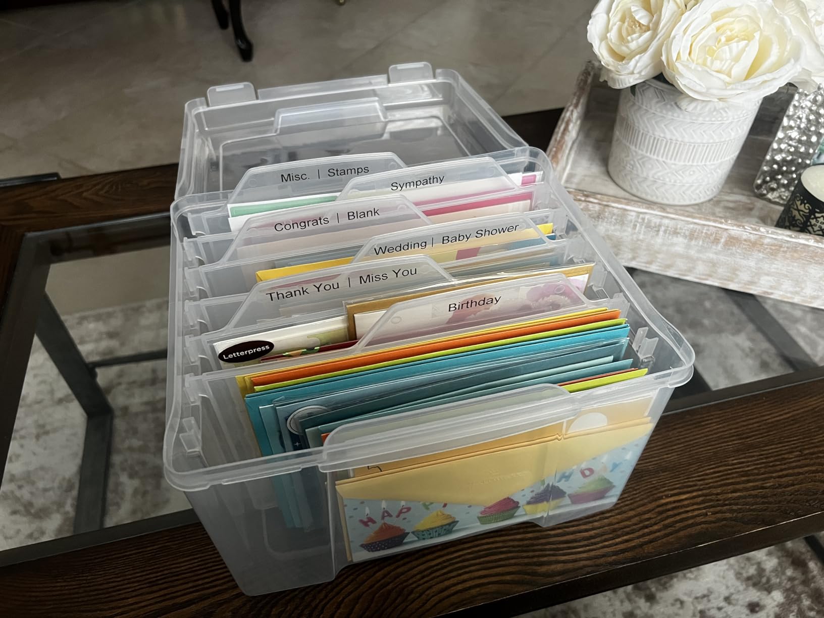 Greeting Card Storage & Organizer Box with 6 Removable Dividers for Holiday Birthday Get Well Cards Photos, Crafts, Scrapbooking(Clear) customer photo 1
