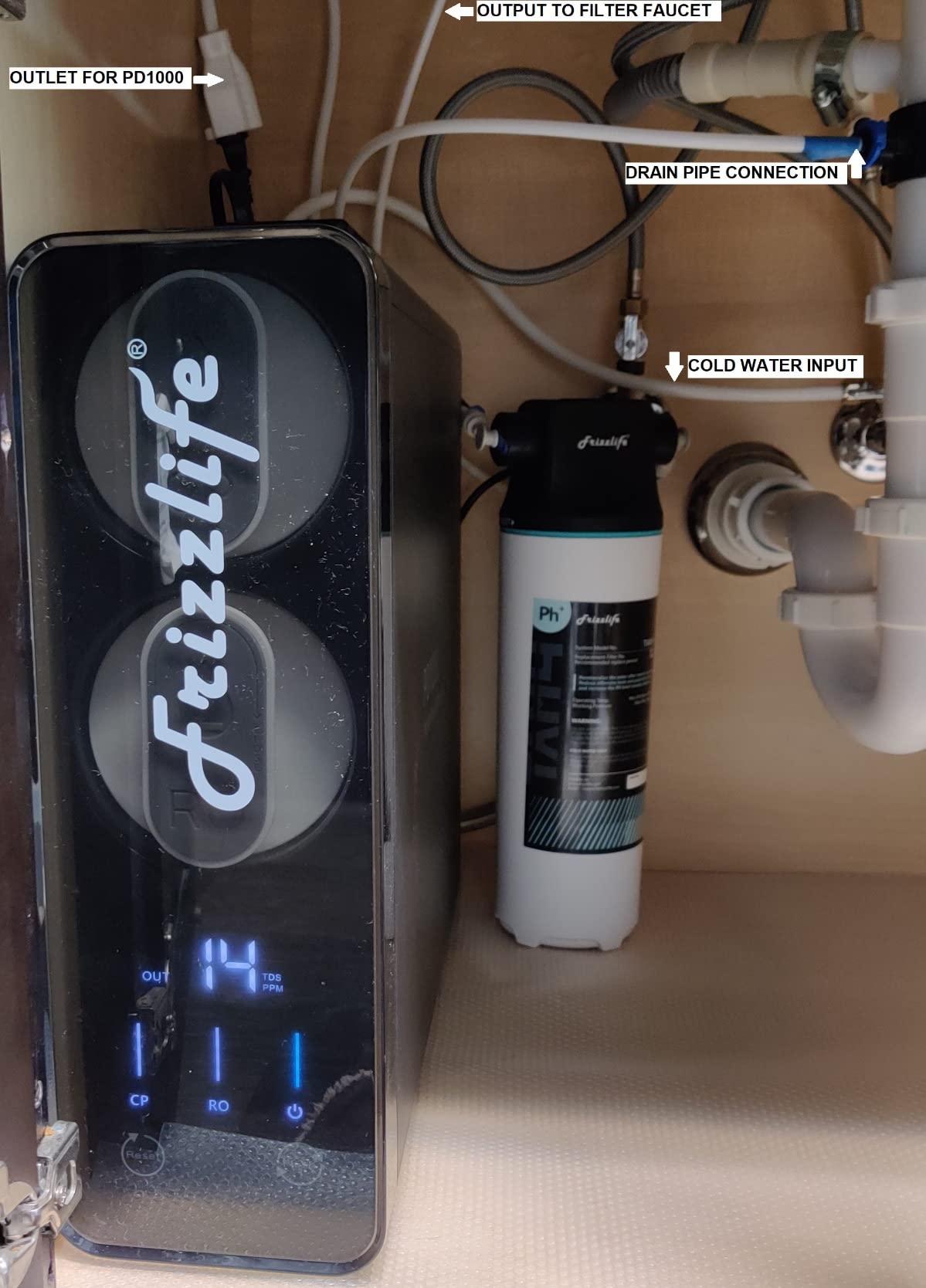Frizzlife 1000GPD Reverse Osmosis Water Filter, NSF/ASNI 58&53&42&372 Standard, Alkaline Mineral pH+ Reverse Osmosis System, 9-Stage Filtration Tankless RO, 2:1 Pure to Drain, Under Sink, PD1000-TAM4 customer photo 1