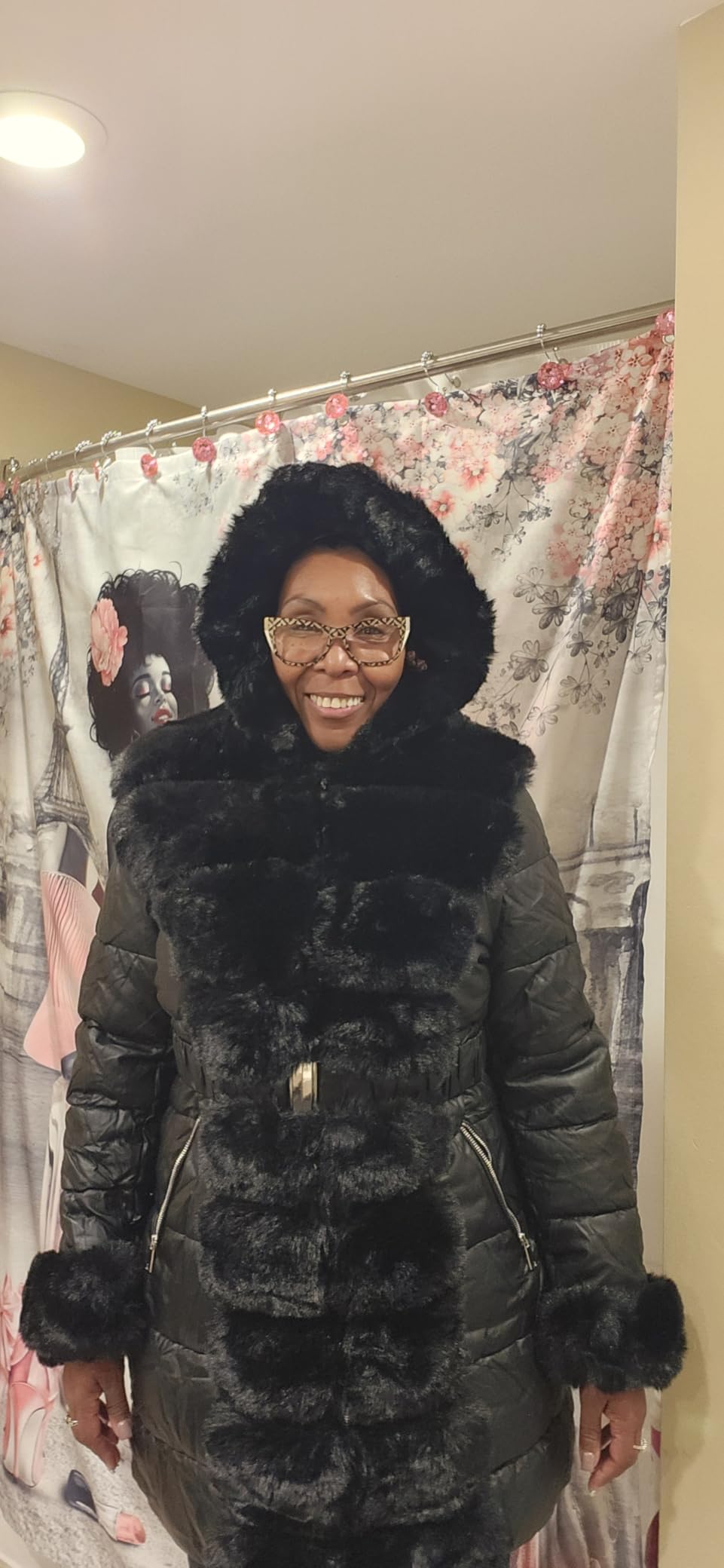 RISISSIDA Women Winter Puffer Leather Coat with Fur Trim Hooded customer photo 1