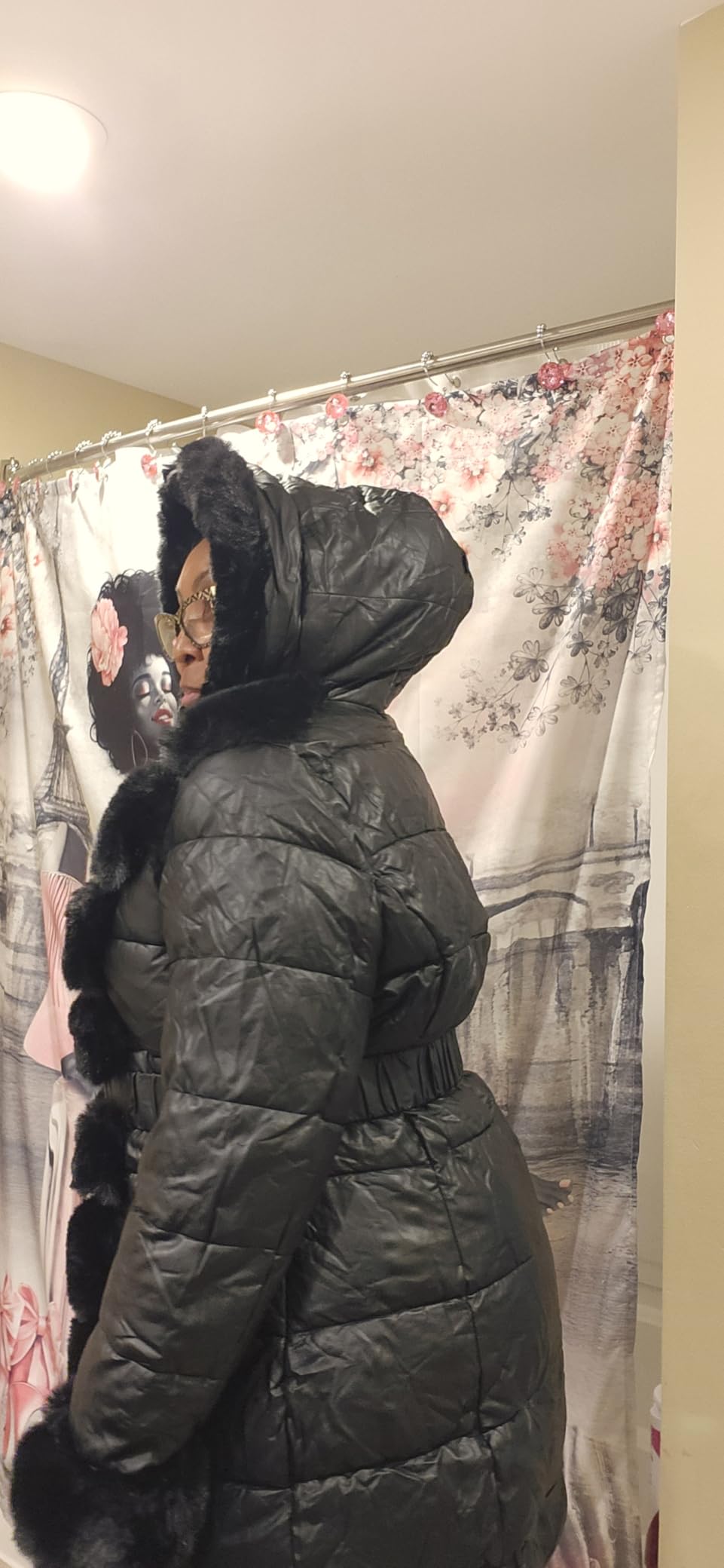 RISISSIDA Women Winter Puffer Leather Coat with Fur Trim Hooded customer photo 2