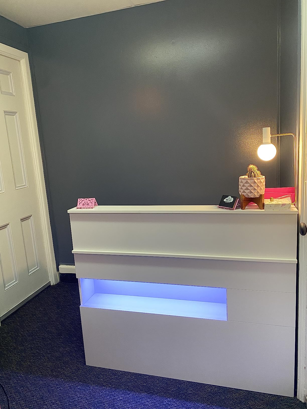 AIEGLE Reception Desk with Counter, Retail Counter with Lighted Display Shelf & Lockable Drawers, for Salon Reception Room Checkout Office, White (47.2