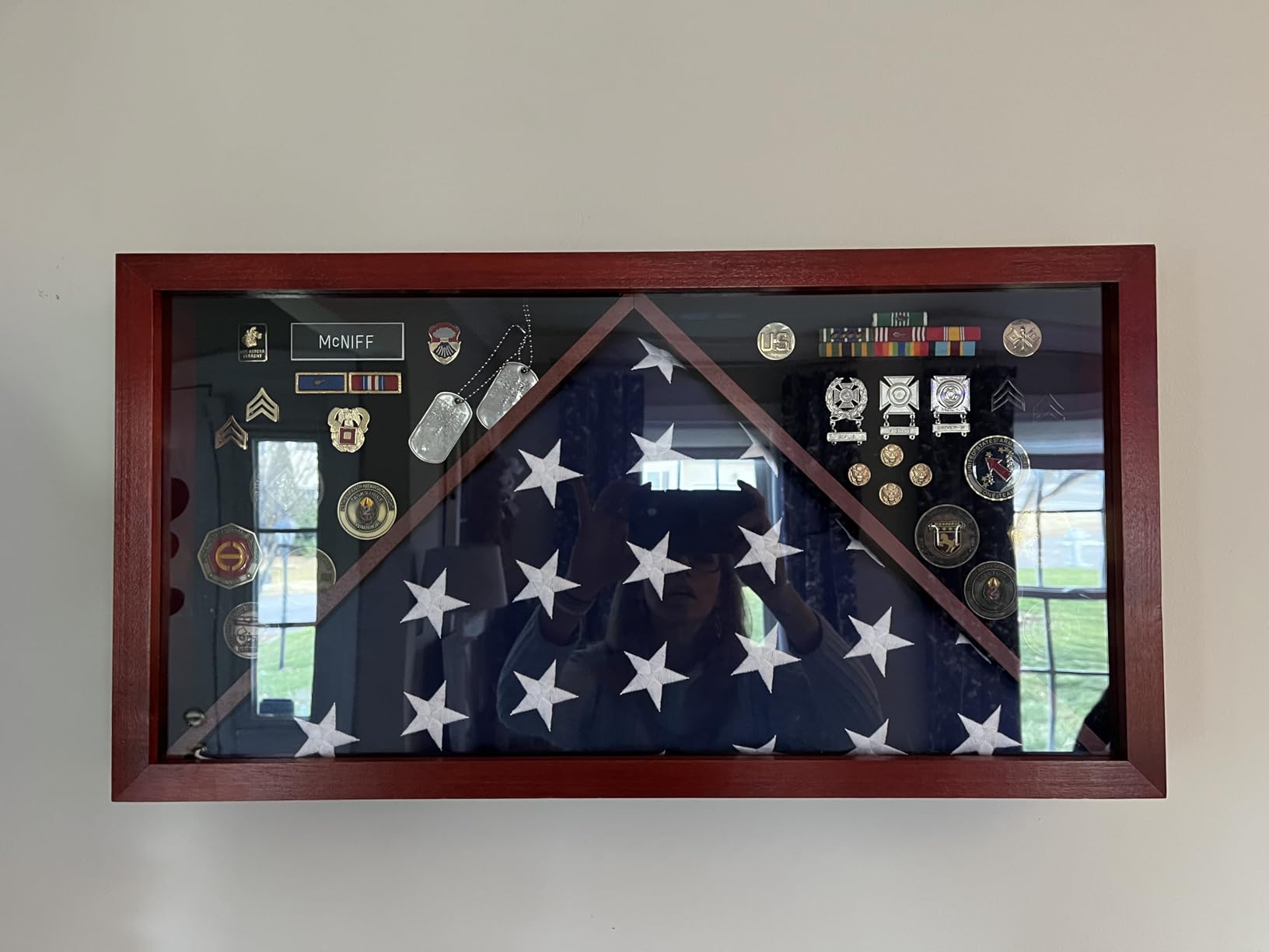 Large Military Shadow Box - Solid Wood Flag Case for 5' x 9.5' American Veteran Burial Flag, Velvet Like Felt Lining for Medals, and Polished Plexiglass (Mahogany) customer photo 2