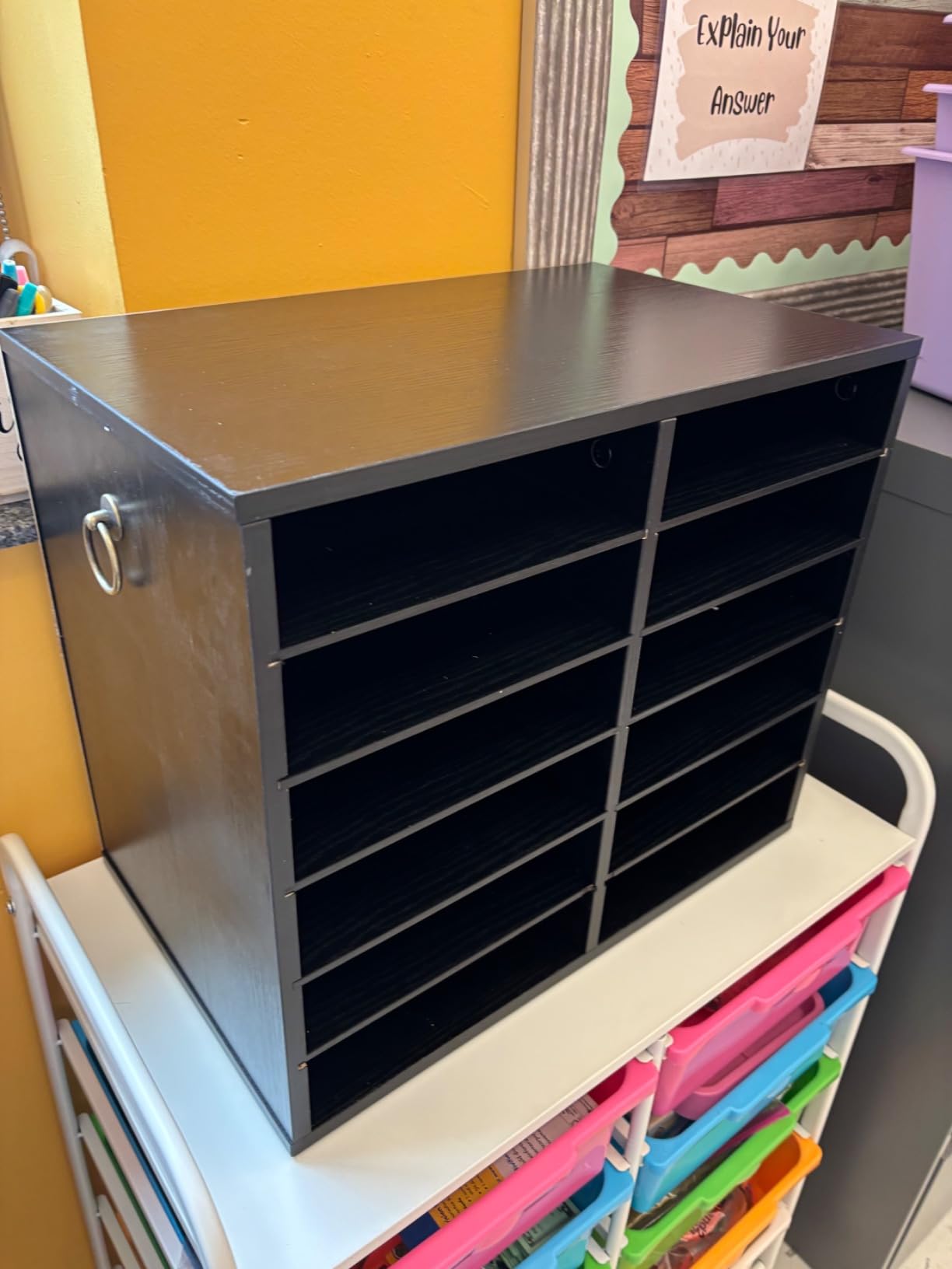 HOOBRO Literature Organizers, 12 Compartments Office Mailbox with Adjustable Shelves, Wood Countertop Literature Sorter for Office, Home, Classroom, Mailrooms Organization Greige BG12WF01 customer photo 2