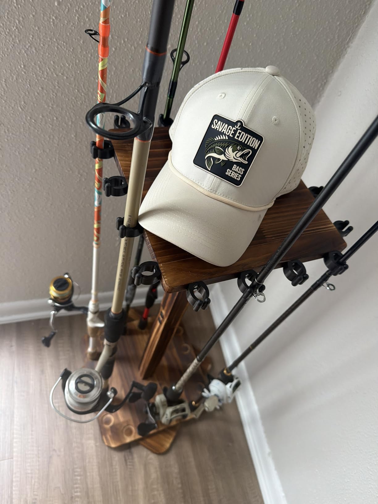 Rotating Fishing Rod Holder for Garage,Wood Floor Pole Rack Black | 360°Rotation Pole Rack Keeps 16 Rods Tidy,Durable Stable Easy Assembly Fishing Gear Storage Saveing Space for Garage & Boat customer photo 1