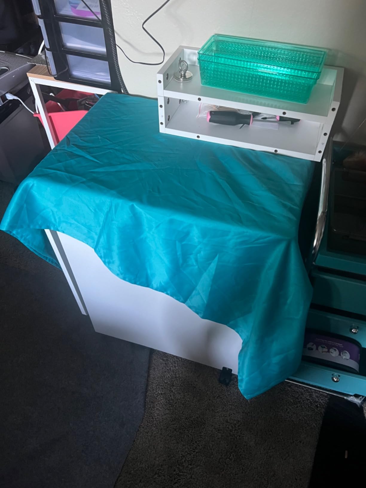 Vividwood Folding Sewing Table, Multipurpose Sewing Machine Table with Compact Design, Wheels, Shelves, Bins, Pegs, Magnetic Locks (White) customer photo 1