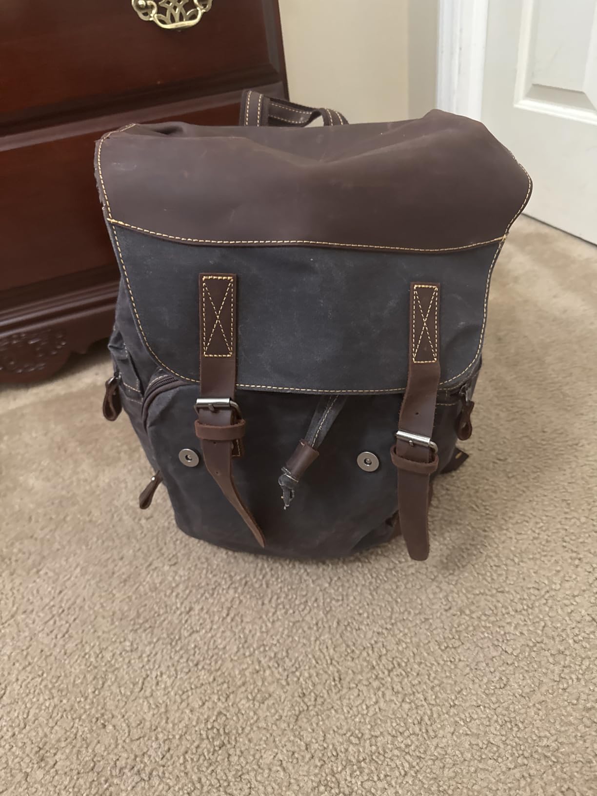 Nerlion Leather Backpack for Men Waxed Canvas Laptop Backpack 17.3 Inch Rucksack Vintage Travel Backpack (Black) customer photo 2
