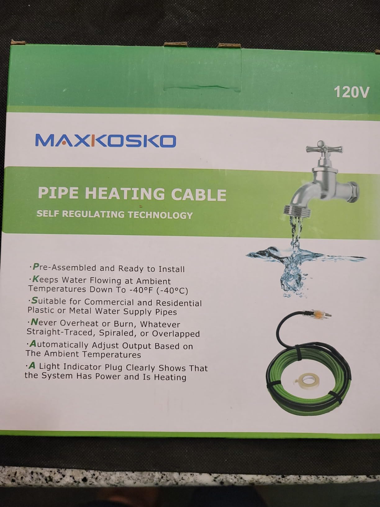 MAXKOSKO 60ft Heat Tape for Water Pipes Self Regulating Heating Cable 120V, 5W/ft customer photo 2