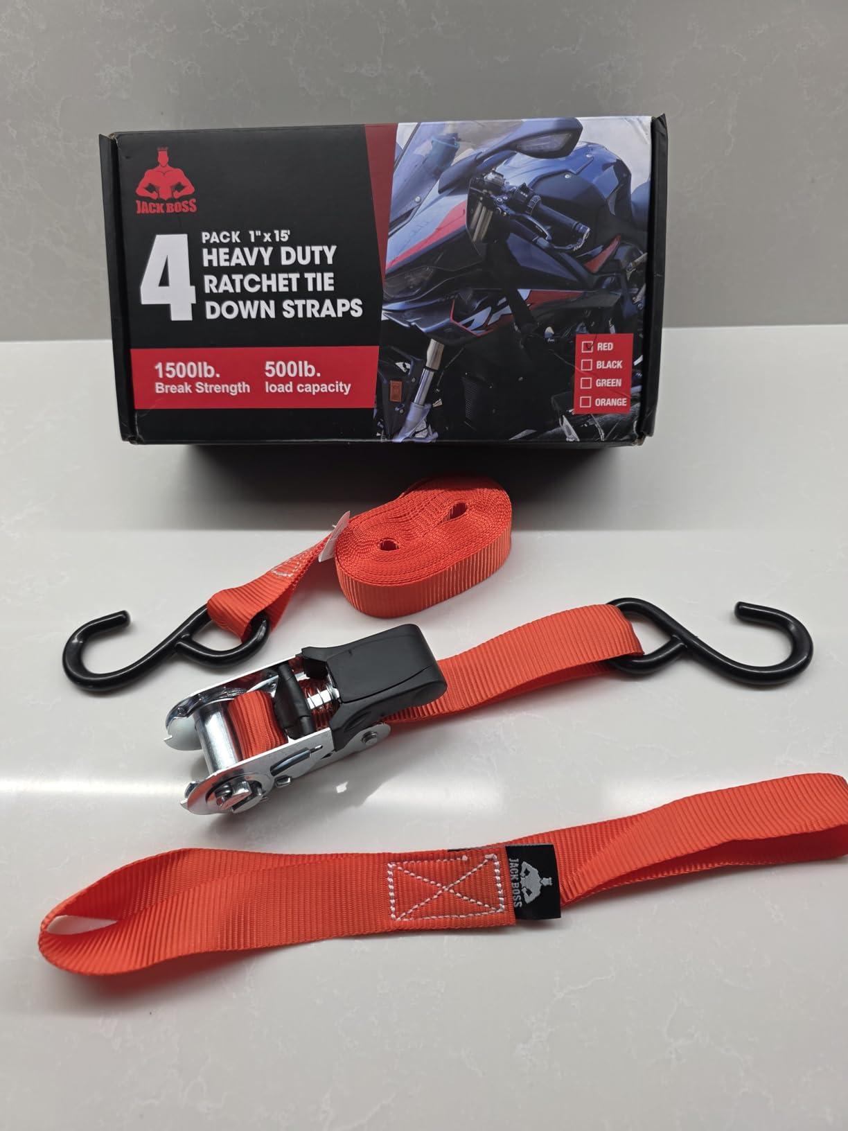 Jack Boss Ratchet Tie Down Straps Set,1500 lbs Break Strength,1