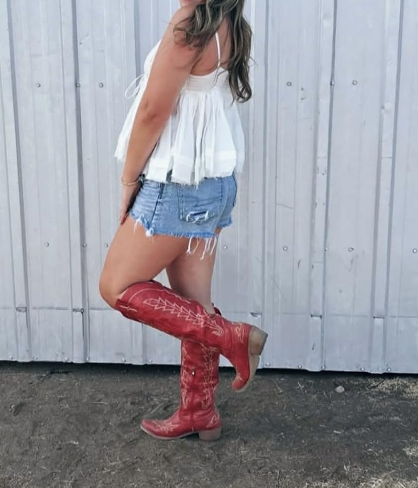 Rivalran Cowboy Boots for Women - Knee High Pointed Toe Chunky Heel Pull On Zipper Western Cowgirl Boots, Retro Country Vintage Fashion Tall Boots customer photo 1