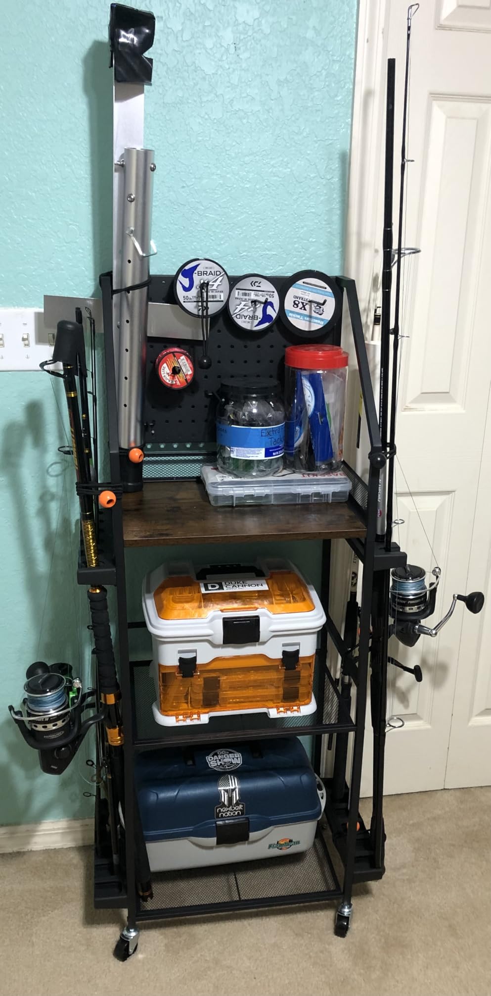 SOYEEZE Fishing Rod Holders for Garage | Rolling Cart with Wheels, Holds 12 Rods, Pegboard and 6 Hooks customer photo 1