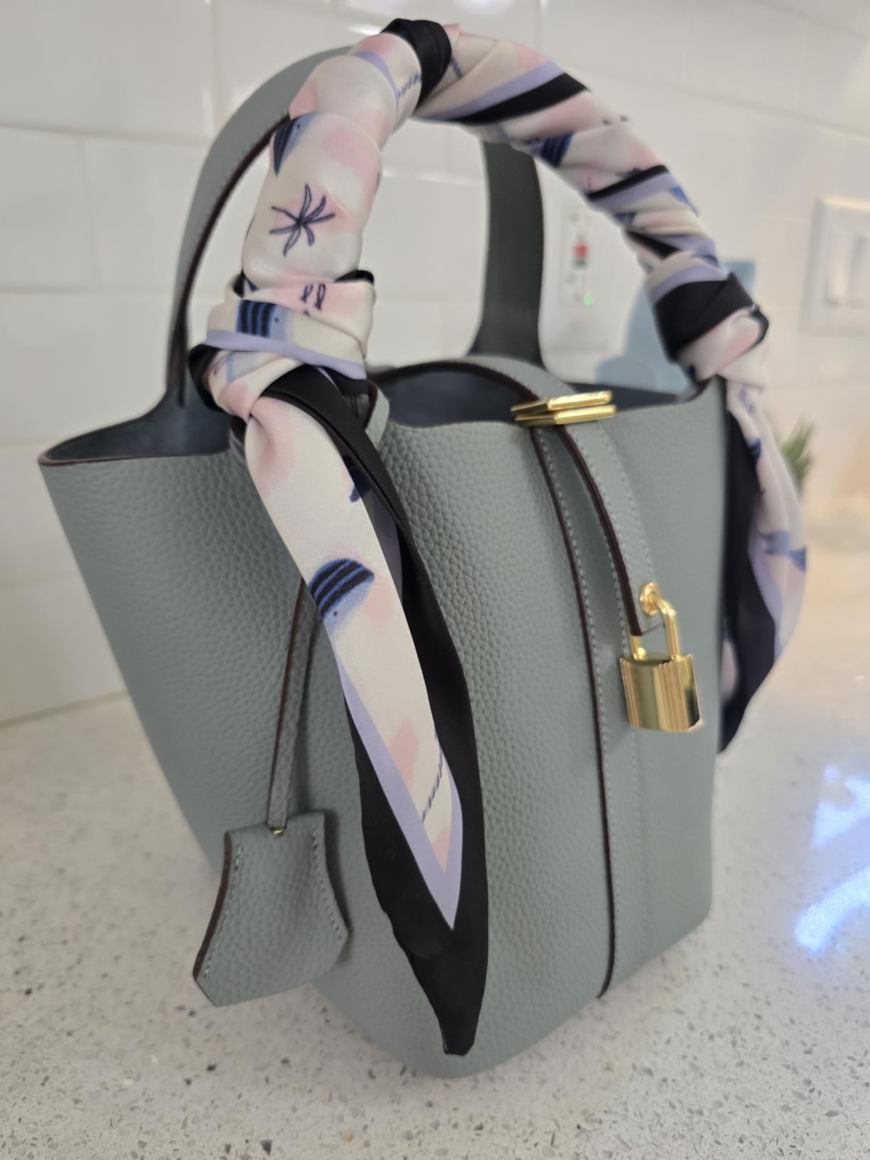 Genuine Leather Bucket Bag, Top-Handle Satchel Handbag with Lock customer photo 2