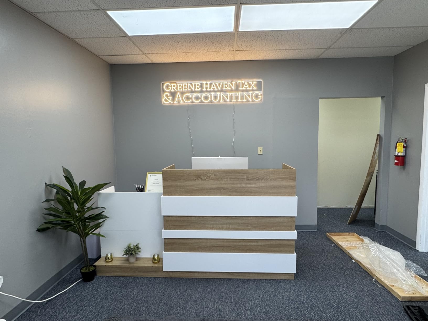 ECACAD Oak & White Reception Desk with Keyboard Tray, Retail Counter with Cabinet, Checkout Counter Table for Office Clinic Retail Lobby Salon customer photo 1