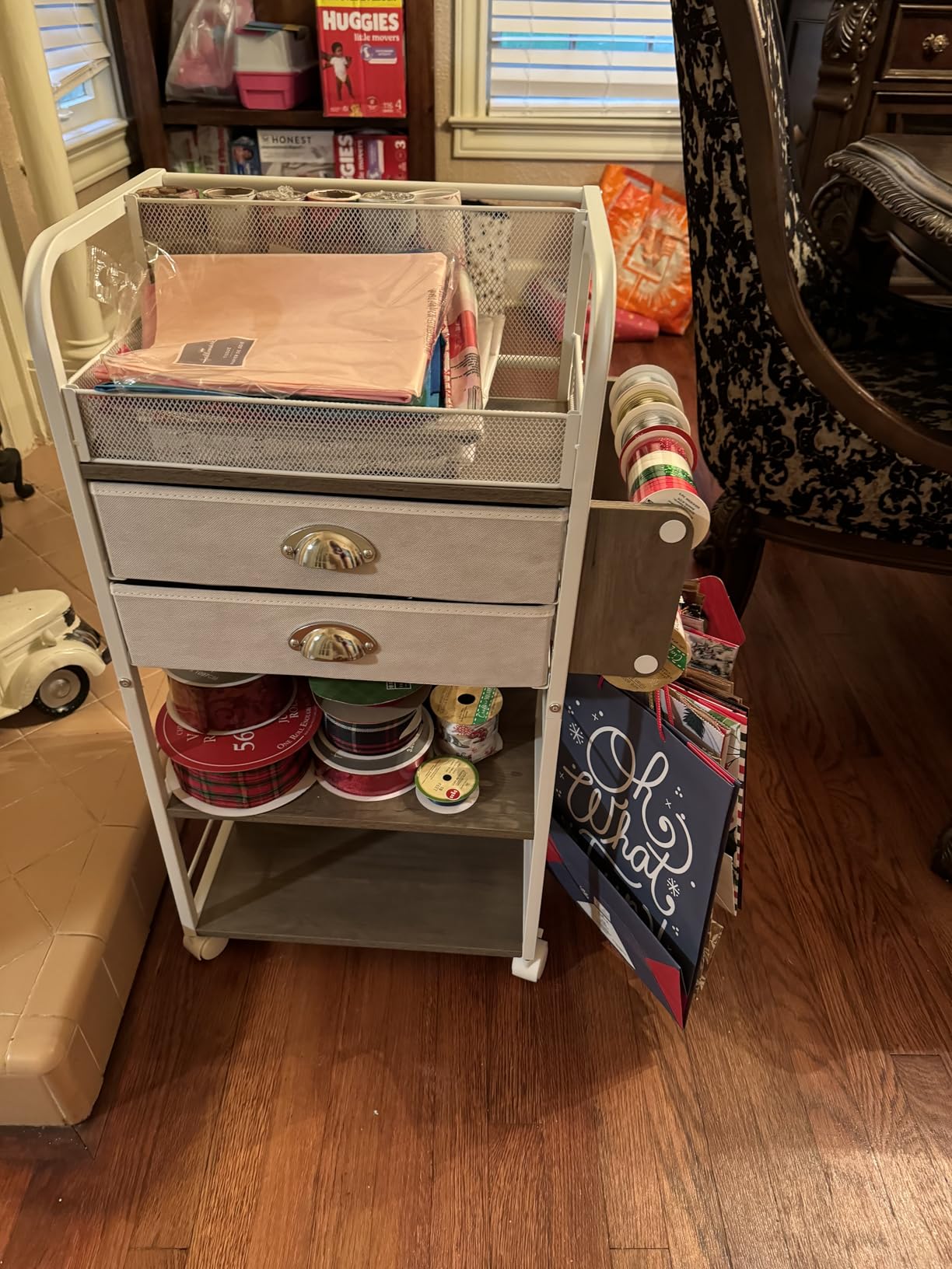 Rolling Wrapping Paper Storage Cart Organizer White | 16.54x11.4x32.68 in, Christmas gift wrap storage, craft paper roll holder, vertical wrapping station, holiday organization customer photo 1