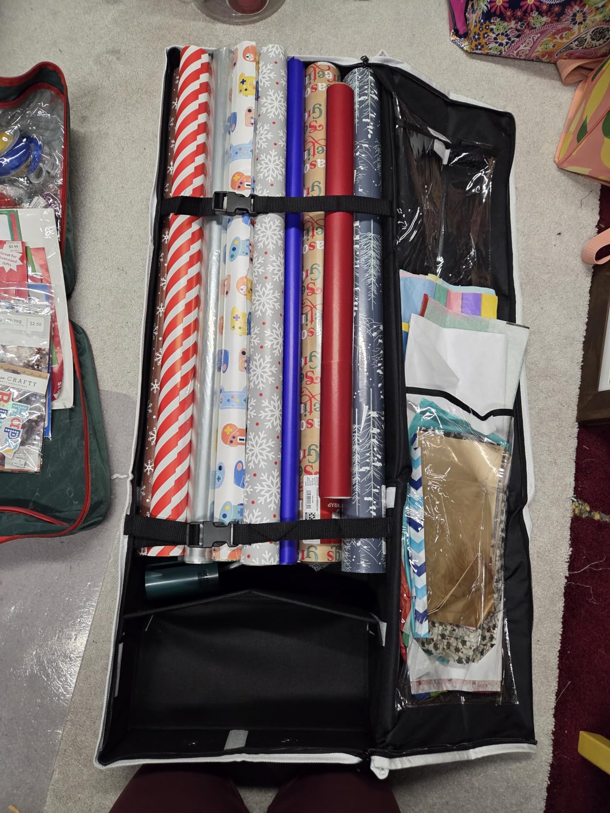 Hearth & Harbor Wrapping Paper Storage Container - Christmas Storage Bag with Interior Pockets - Gift Wrapping Organizer Storage Fits Up to 22 Rolls of 40