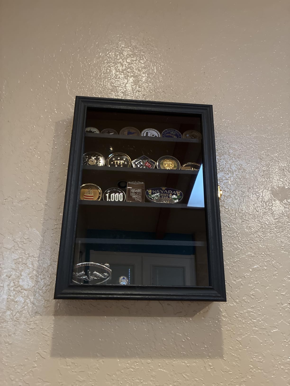 Military Challenge Coin Display Shadow Box Holds Up to 70 Coins, Lockable Wall-Mounted Cabinet for Medals, Pins, Patches & Ribbons, Removable Shelves, Pinnable Velvet Backing, UV Acrylic Door(Black) customer photo 1