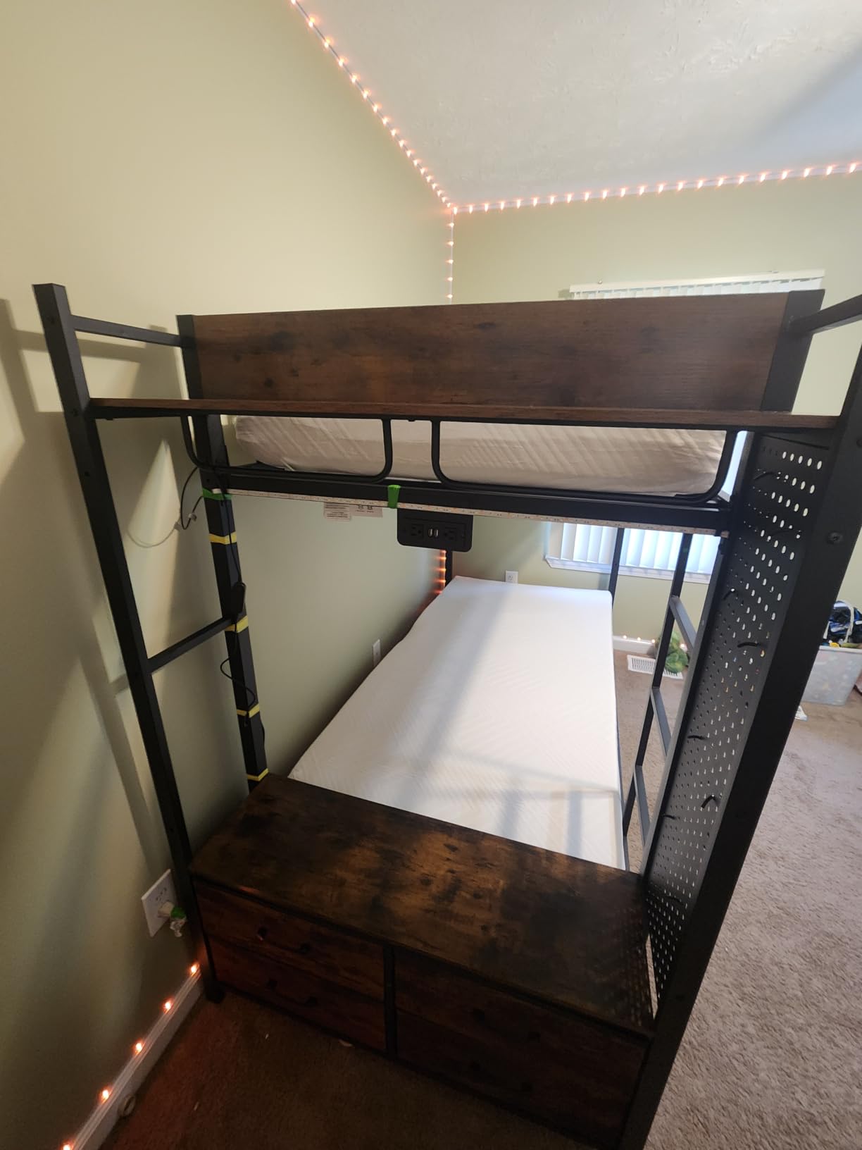 Itaar Metal Bunk Bed Twin Over Twin with Hall Tree, Power Outlet, LED Bunk Bed with 4 Storage Drawers, Bed with Safety Guardrail & Ladders, No Box Spring Needed, Easy Assembly, Rustic Brown customer photo 1