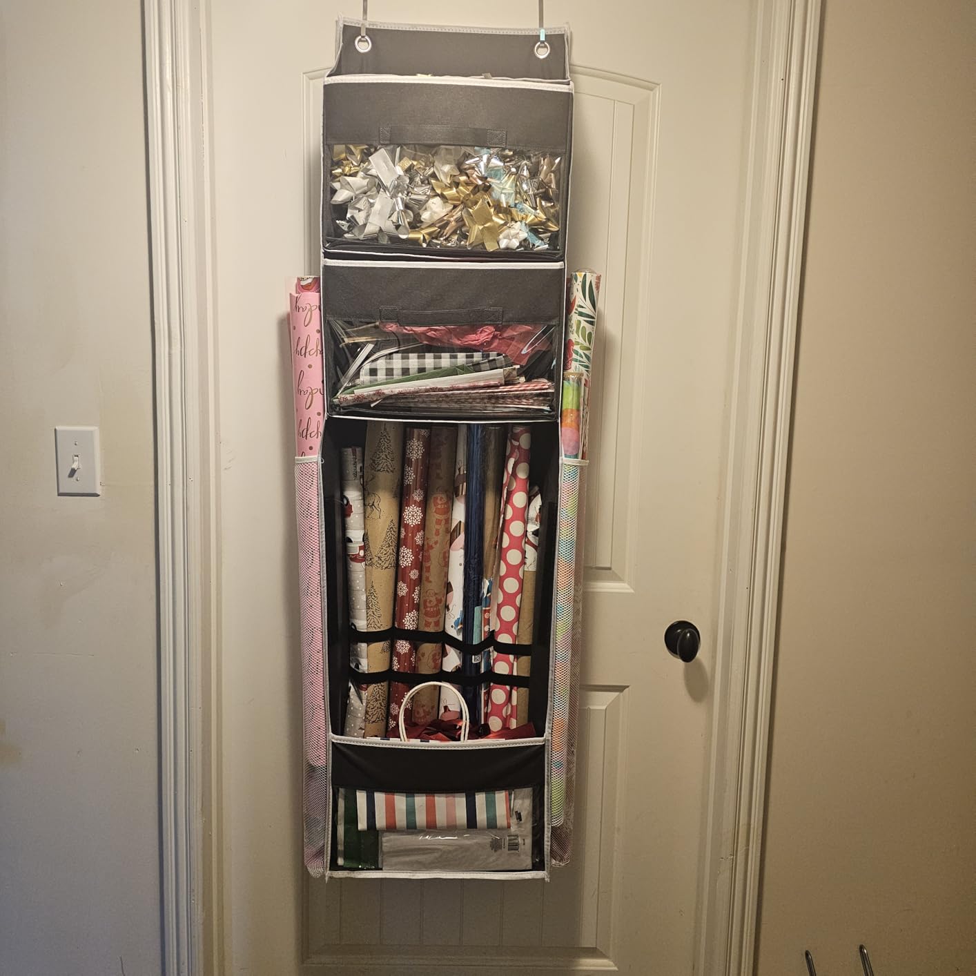 Over Door Wrapping Paper Organizer Storage with 3 Removable Drawers & Side Pockets - Dual Use Design with Elastic Straps - Christmas Gift Wrap Storage for Ribbons, Bows, Ornament and Other Tools 1Pack customer photo 2