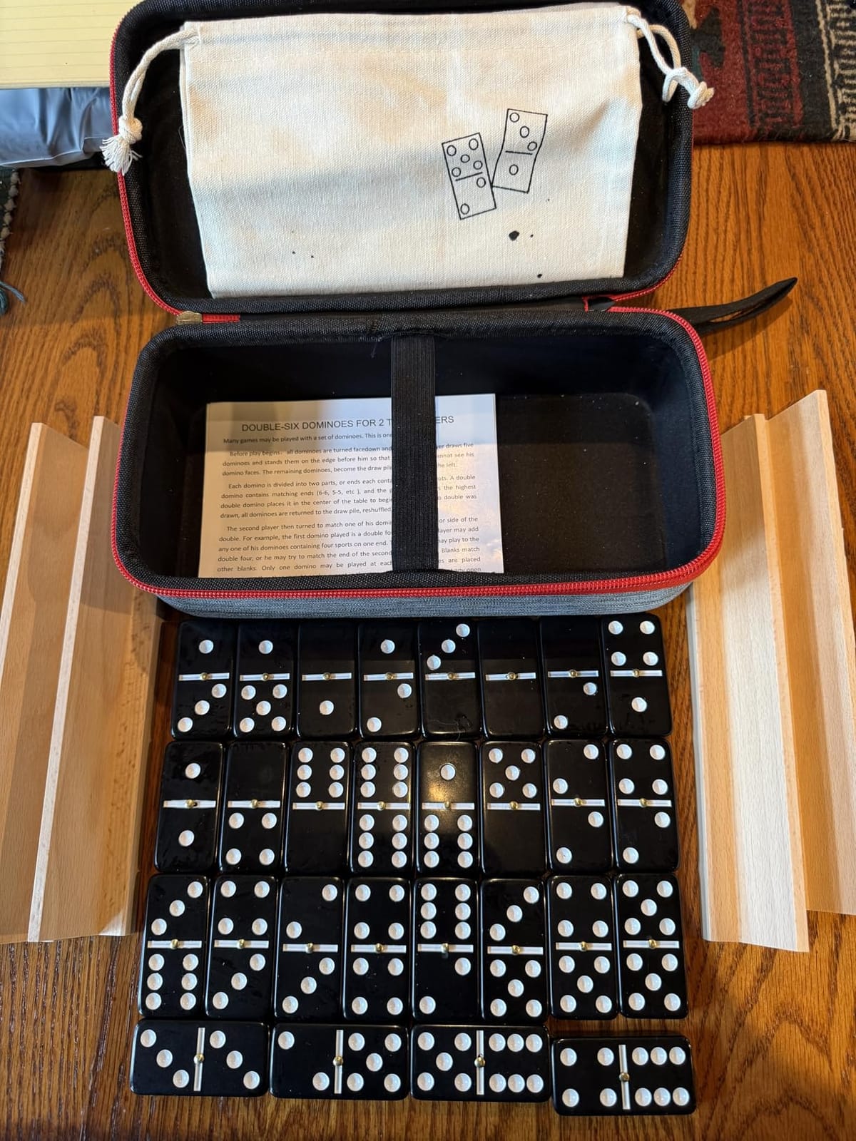 KAILE Jumbo Double 6 Dominoes Set for Adults - 28 Wooden Tiles with 4 Wooden Racks & Portable Travel Case,Family Board Game for Indoor/Outdoor, Casino Night, Parties - Dominos Set with Tile Holders customer photo 1