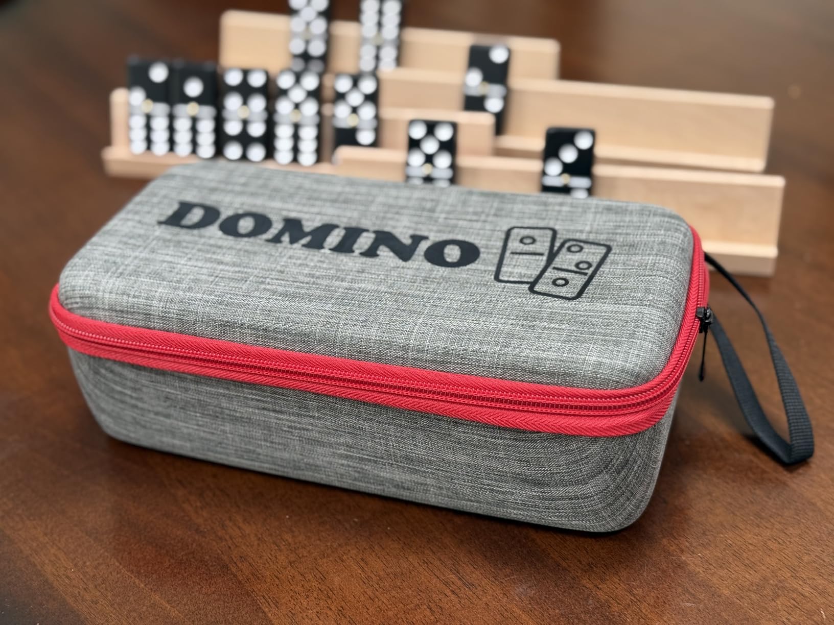 KAILE Jumbo Double 6 Dominoes Set for Adults - 28 Wooden Tiles with 4 Wooden Racks & Portable Travel Case,Family Board Game for Indoor/Outdoor, Casino Night, Parties - Dominos Set with Tile Holders customer photo 2