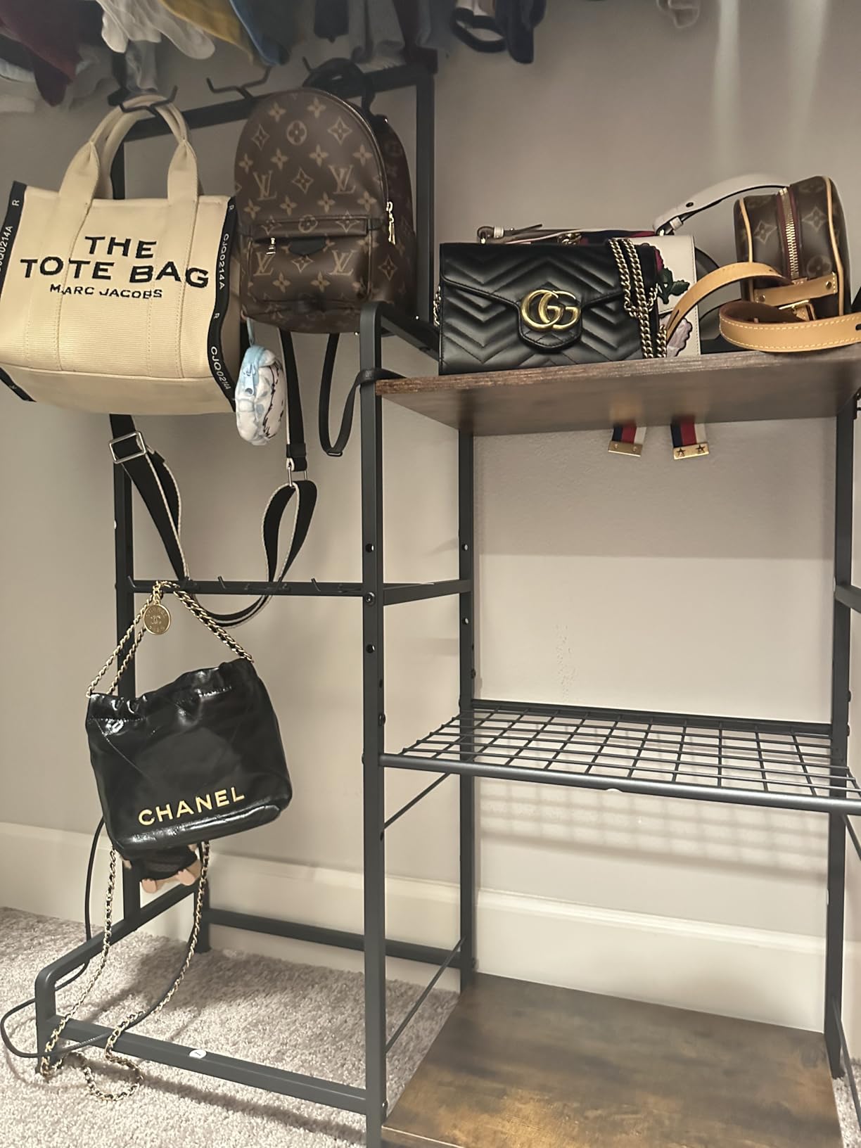 Purse Storage Organizer for Women, 3-Tier Max Purse Storage Stand Rack Holder & Bag Shelf for Closet, 12 Fixed Hooks & 3 Side Hooks customer photo 2