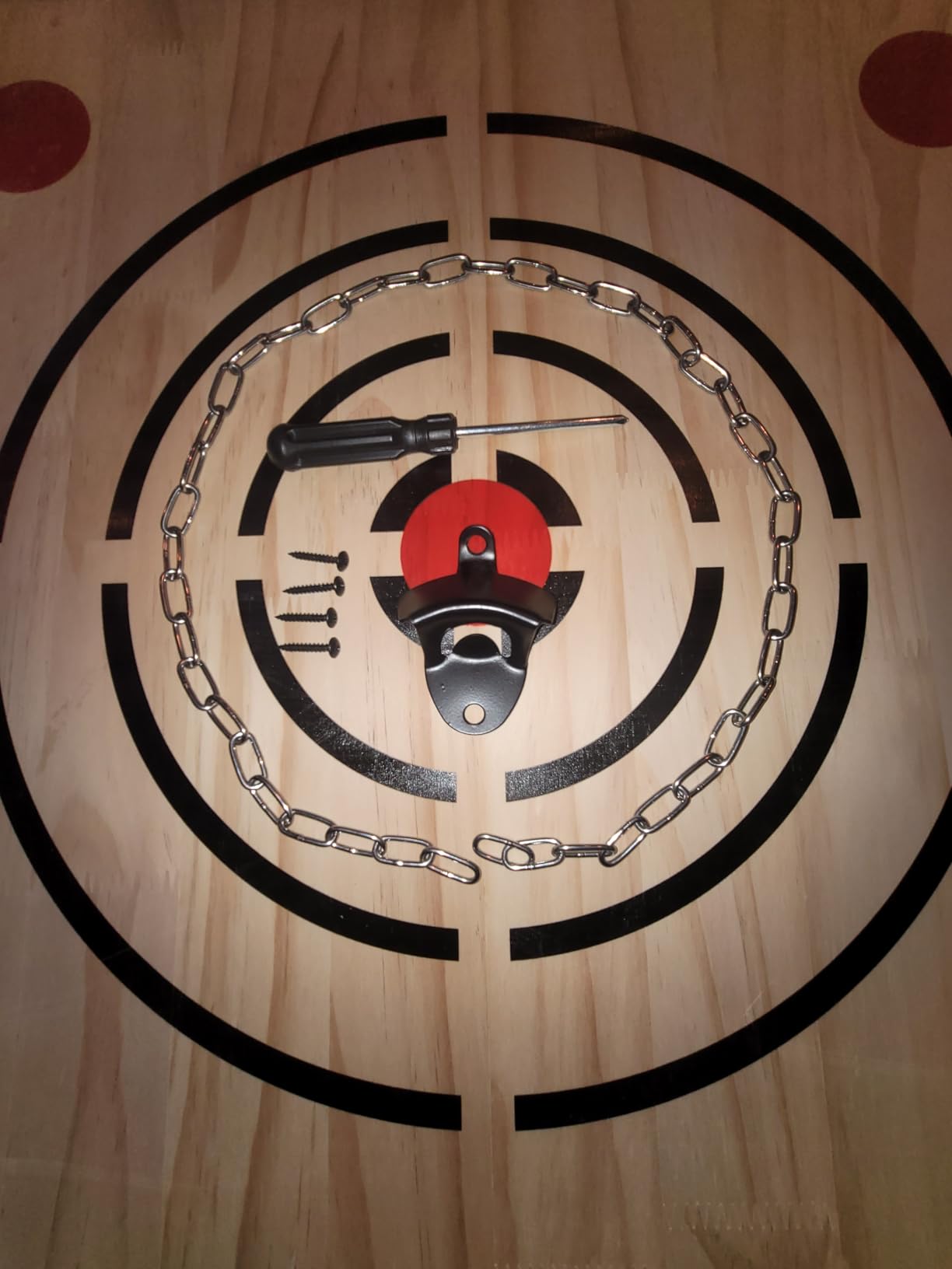 MR Axe Throwing Target, Pine Wood Knife & Axe Target | Hanging pine wood target for axe & knife throwing, built-in bottle opener, sturdy steel chain for easy hanging customer photo 1