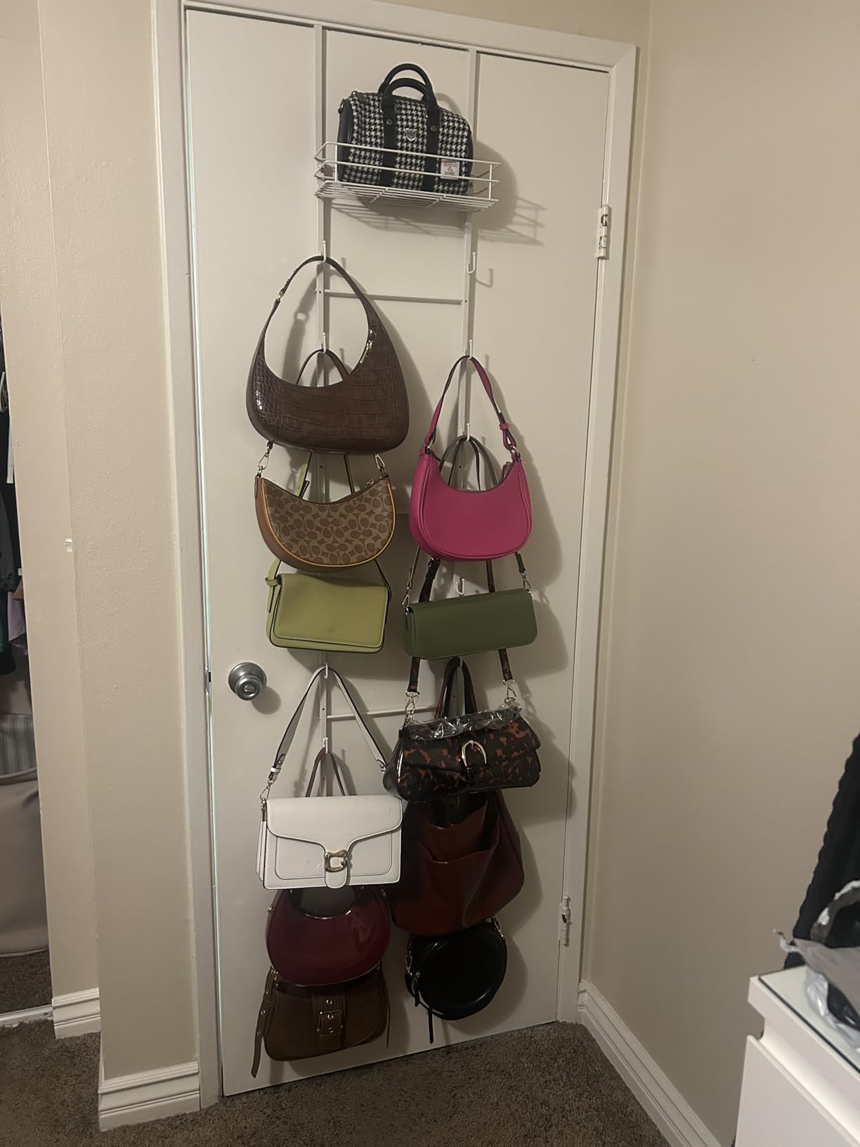 SWTYMIKI Over the Door Purse Organizer - Wall Mounted Handbag Organizer with 16 Hooks and Metal Basket, Hanging Purse Storage Rack Holds up to 16 Bags, Bag Rack Can Use As 1/2 Part, for Door, Closet customer photo 2
