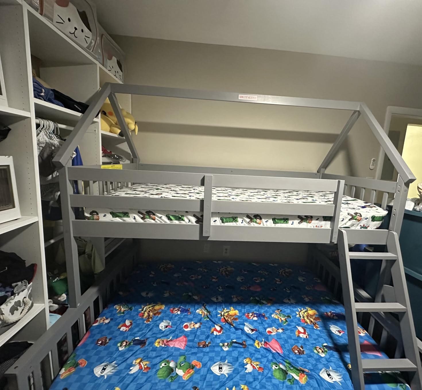 KOMFOTT Wood Twin Over Twin Bunk Bed with Slide & Staircase, Twin House Bunk Bed with Safety Guardrails & Storage, Floor House Bed with Wooden Slat Support for Boys Girls, No Box Spring Needed (White) customer photo 1
