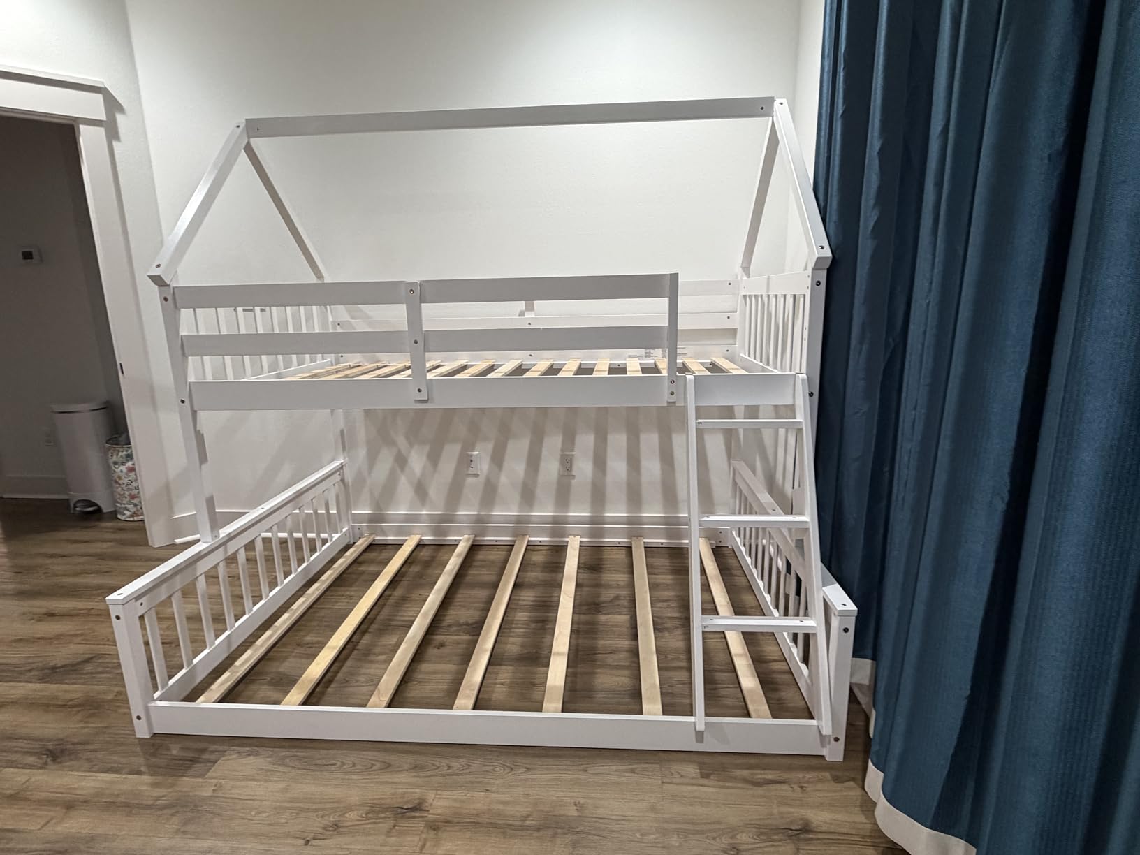 KOMFOTT Wood Twin Over Twin Bunk Bed with Slide & Staircase, Twin House Bunk Bed with Safety Guardrails & Storage, Floor House Bed with Wooden Slat Support for Boys Girls, No Box Spring Needed (White) customer photo 2