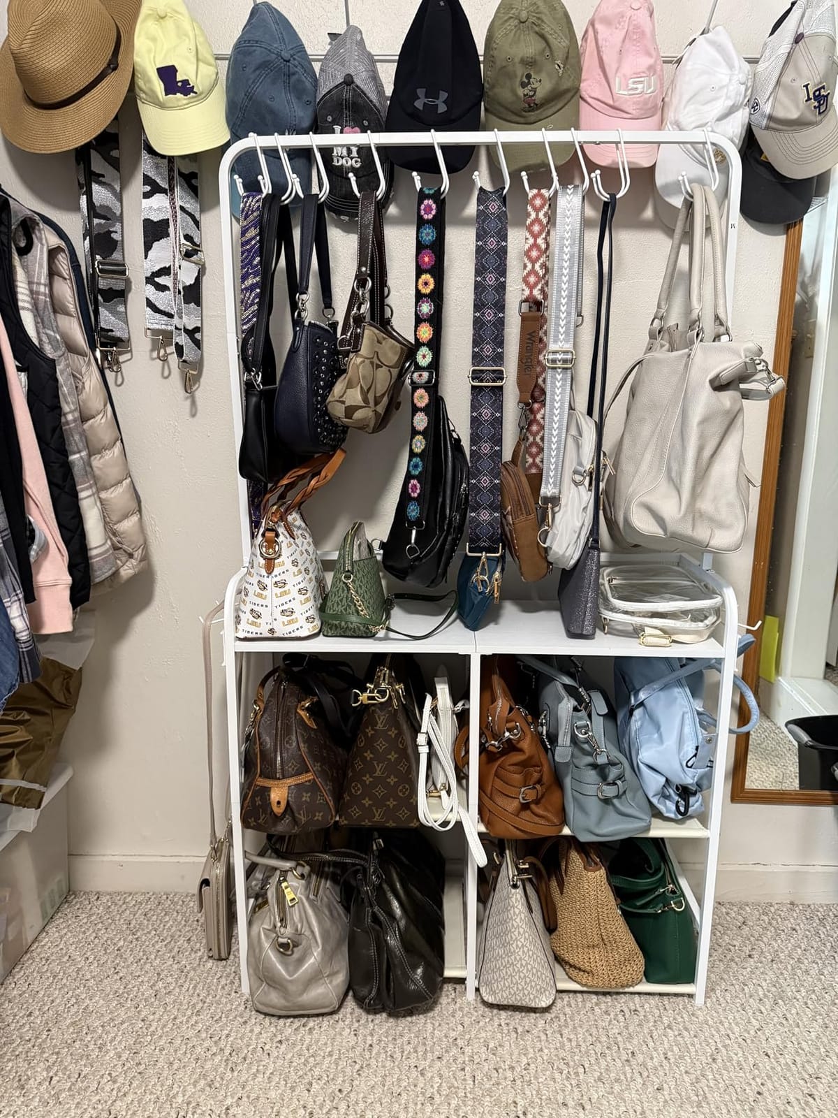 Large Capacity 3-Tier Purse Organizer for Closet, Double-Row Rack, 16 Hooks customer photo 1
