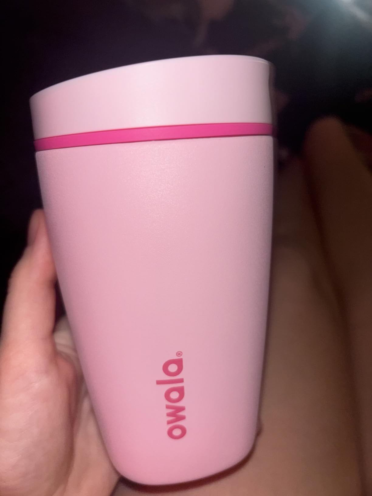 Owala SmoothSip Slider Insulated Stainless Steel Coffee Tumbler, Reusable Iced Coffee Cup, Hot Coffee Travel Mug, BPA Free 20 oz, Pink/Tan (Daybreak) customer photo 1