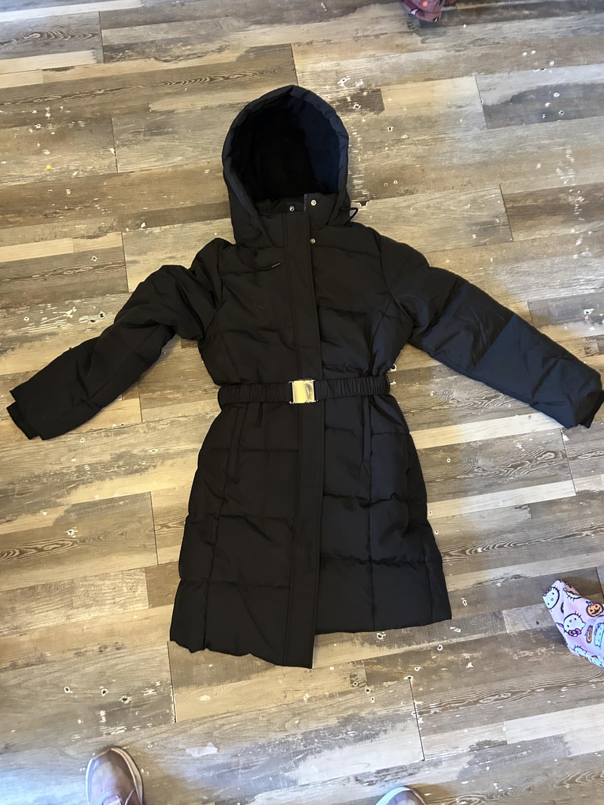 Women's Long Winter Puffer Coat Fleece Lining Hooded Parka with Belt customer photo 2