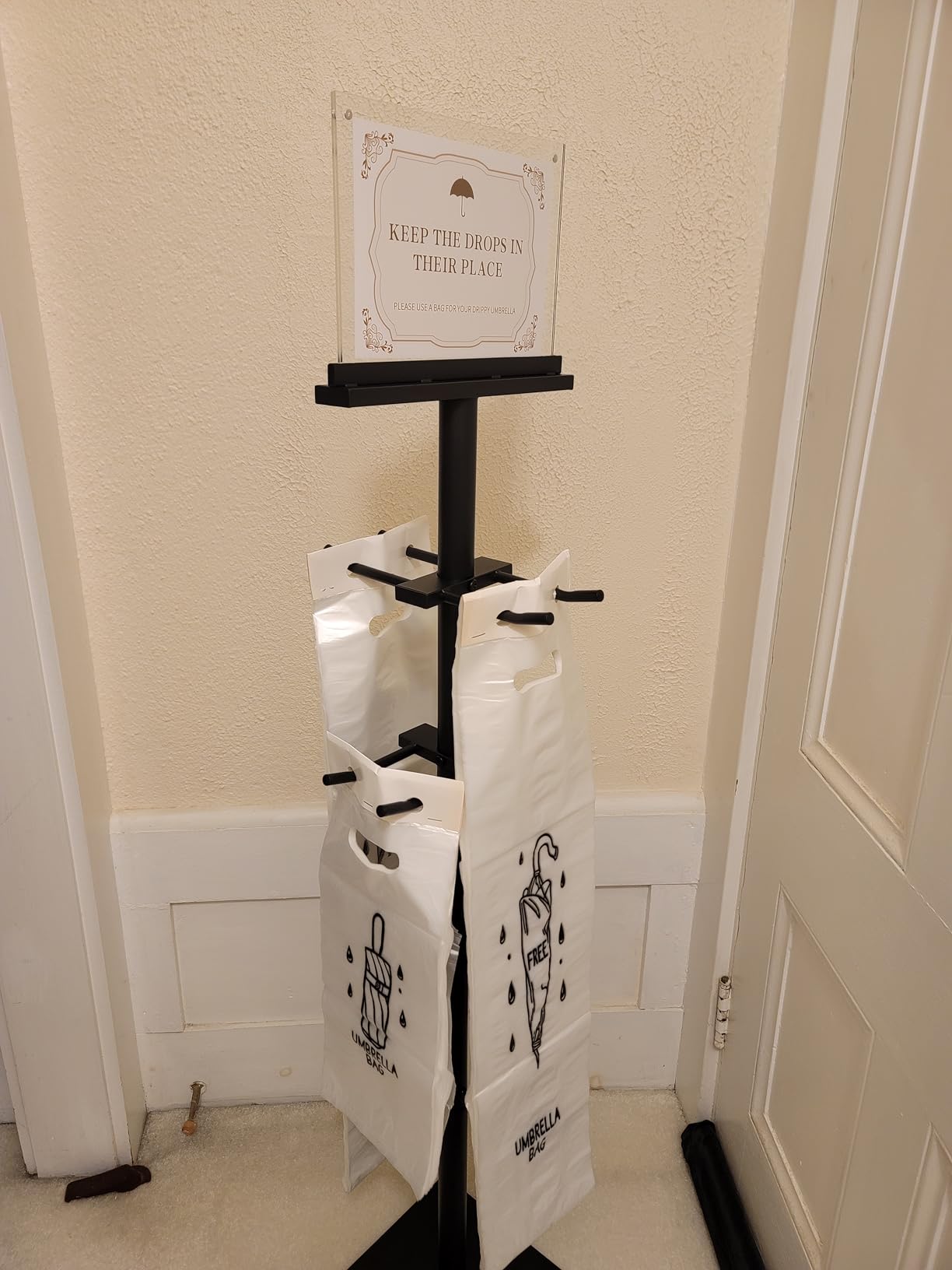 Wet Umbrella Stand with 400 Free Plastic Umbrella Bags disposable for Entry | 4-Side Hanging Umbrella Holder | Magnetic Signs | Dual-Size Umbrella Bag customer photo 2