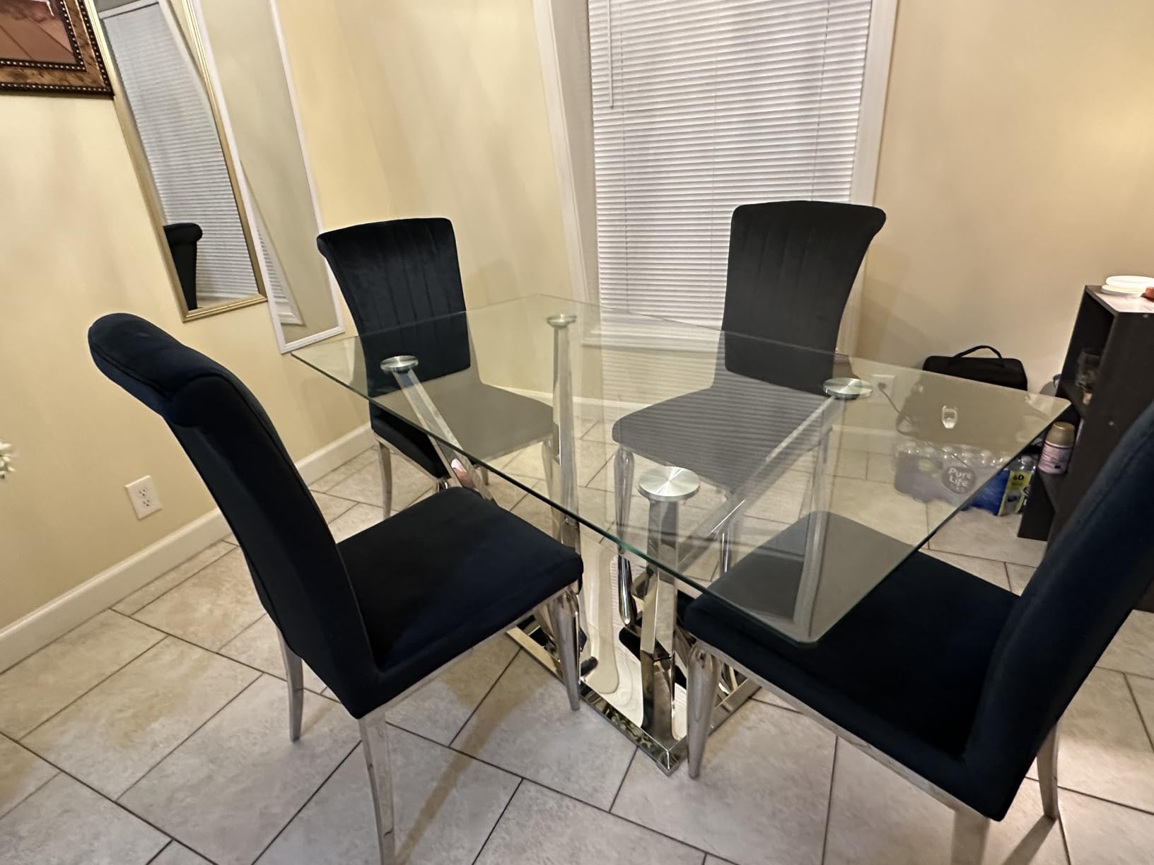 63'' Rectangular Glass Dining Table for 4-6, Luxury Kitchen Table with Tempered Glass and Aesthetic Gold Stainless Steel Base, Modern Dinner Table for Home, Apartment customer photo 2