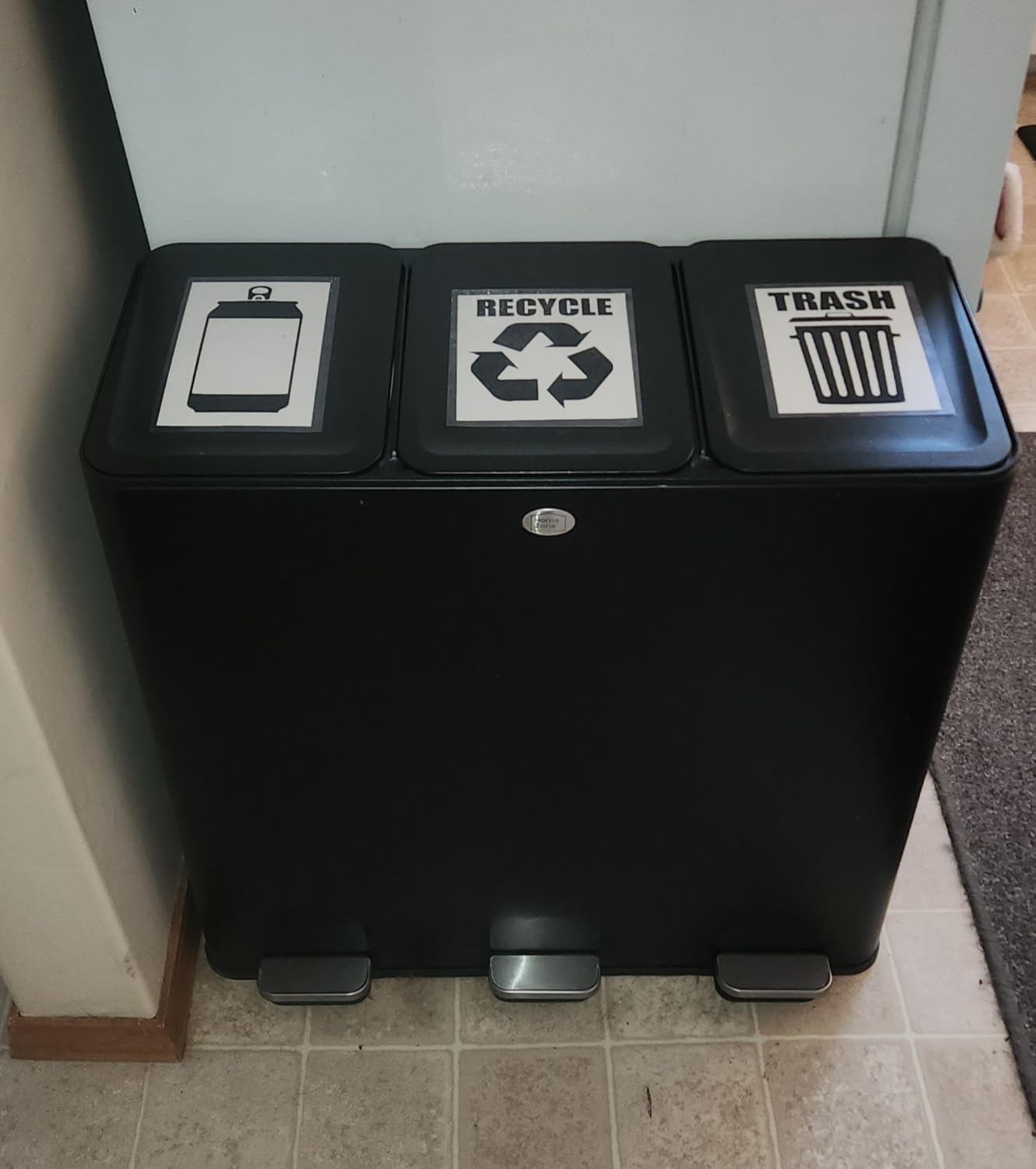 Home Zone Living 24 Gallon Large Kitchen Trash Can with Three Compartments | Stainless Steel with Soft-Close Step Pedal Lids for Recycling, Rectangular Shape, Black customer photo 1