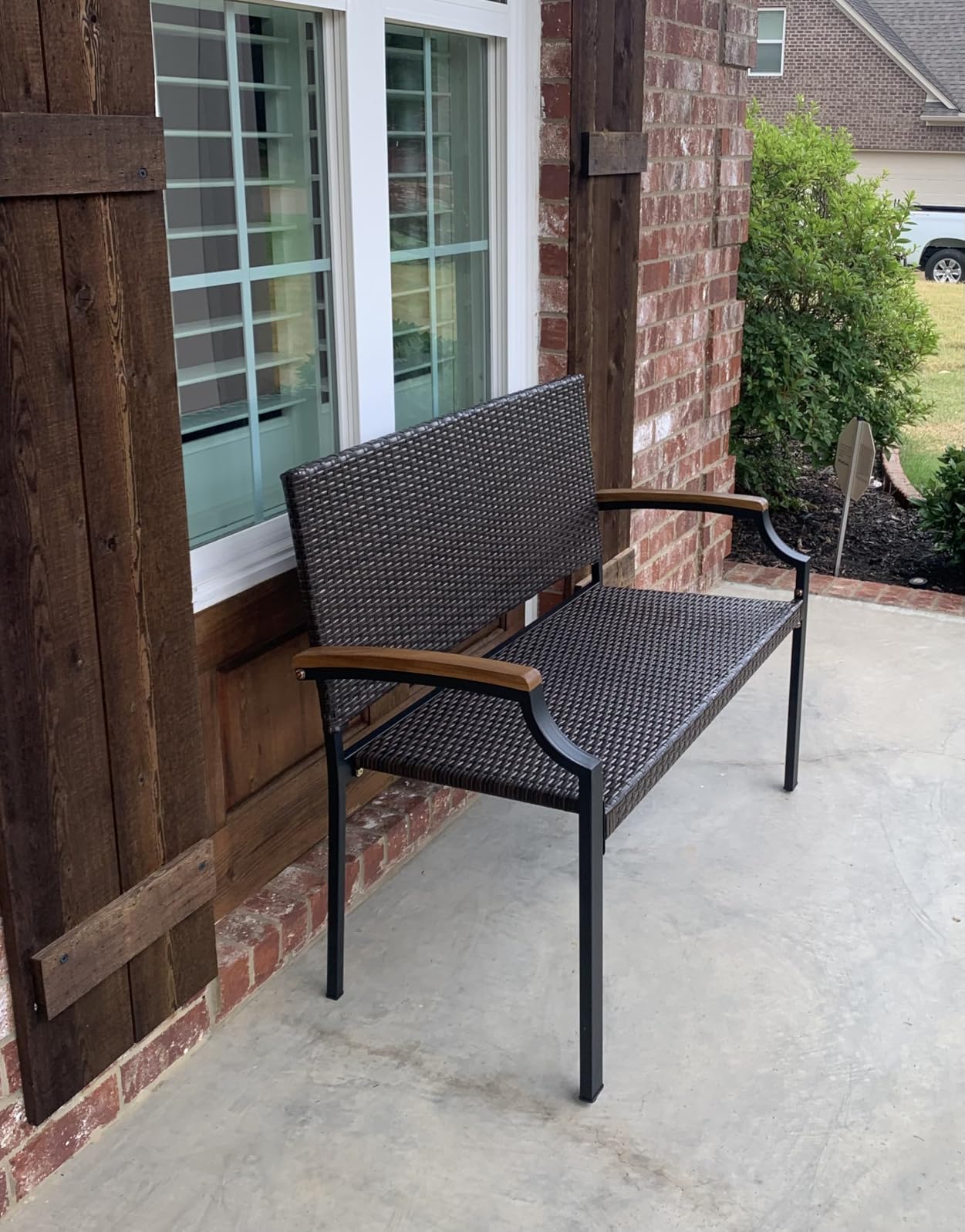 Tangkula Stackable Patio Wicker Loveseat Bench, 2-Person Rattan Outdoor Bench with Acacia Wood Armrests & Metal Frame, Rattan Conversation Furniture for Backyard, Garden, Balcony, Porch (1,Mix Brown) customer photo 1