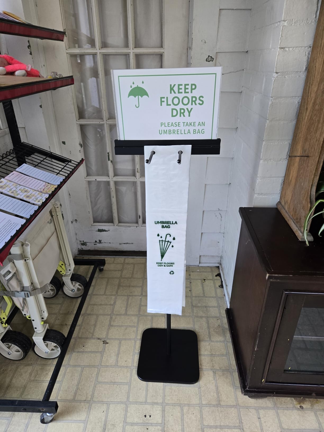 Umbrella Bag Stand with Sign Holder, 200 Bags, Weighted Base, 48 Inch | Commercial 48 in metal umbrella bag stand with weighted 11 in base, customizable sign holder and 200 bags included customer photo 1