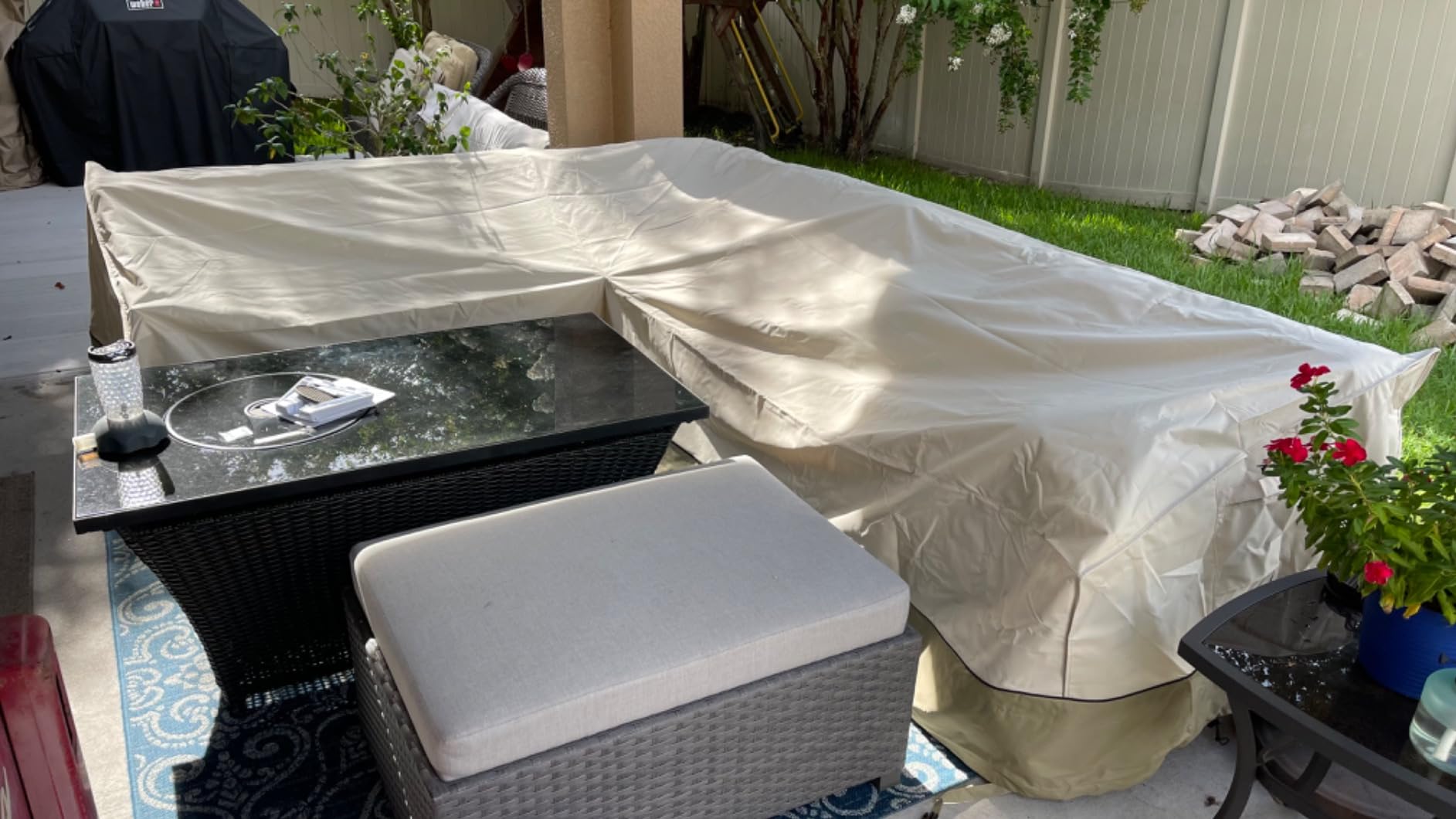 Outdoor Sectional Cover Patio Furniture Covers Waterproof Rip-Stop Anti-UV 600D Heavy Duty Couch Sofa Cover with 3 Air Vent (Beige & Reddish Brown, L-shaped 90